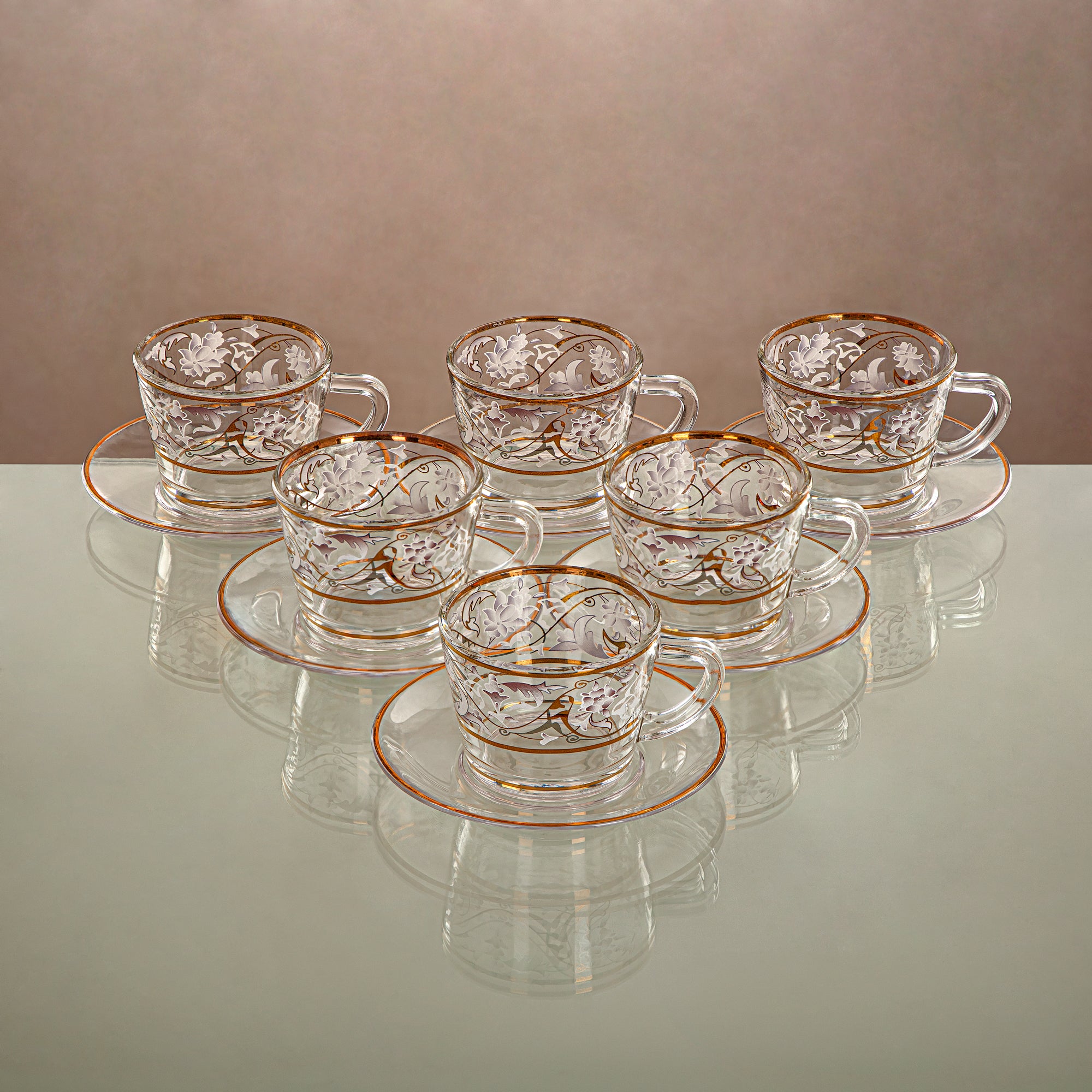 Almarjan Cup & Saucer Set 6 Pieces, Glass, Clear & Golden Pattern (1469B-0011P-ZQDL) - Family Gatherings