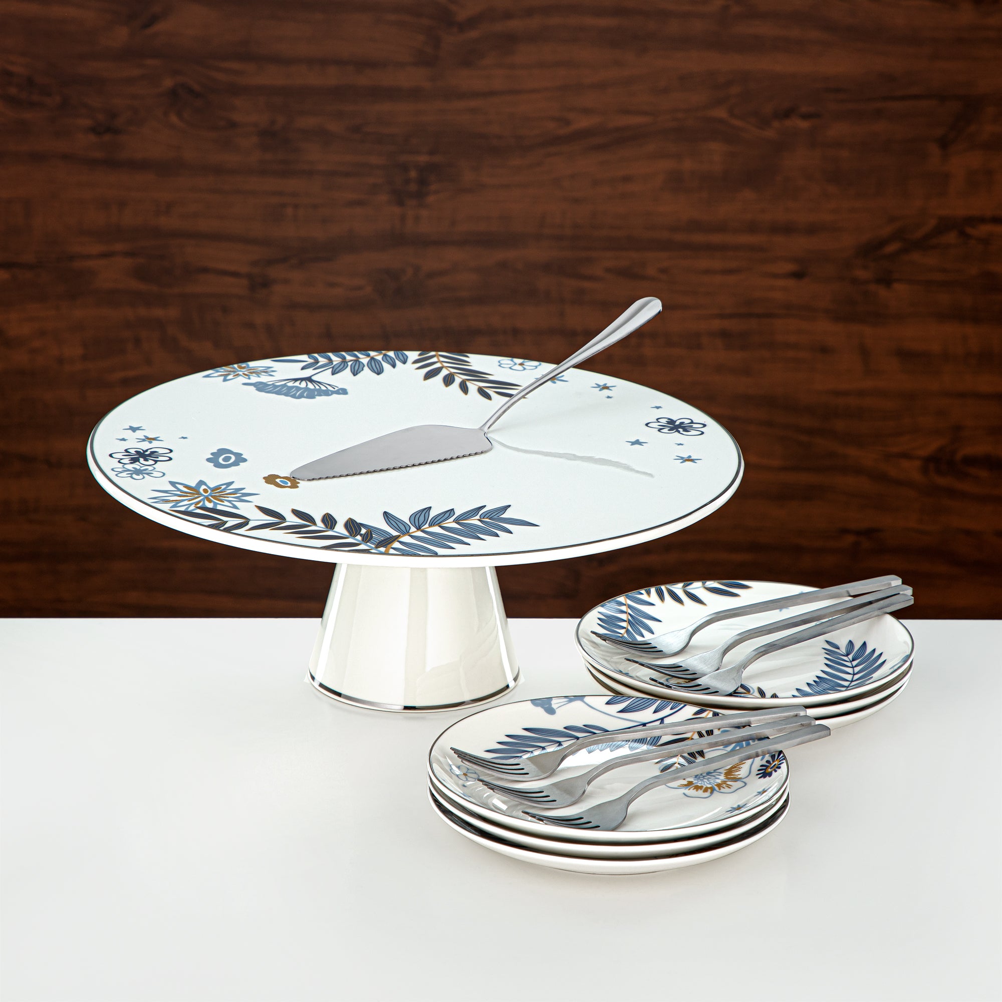 Almarjan Cake Serving Set Porcelain & Stainless Steel 14 Pieces (14PCS-12196) – Blue Botanical Dessert Collection