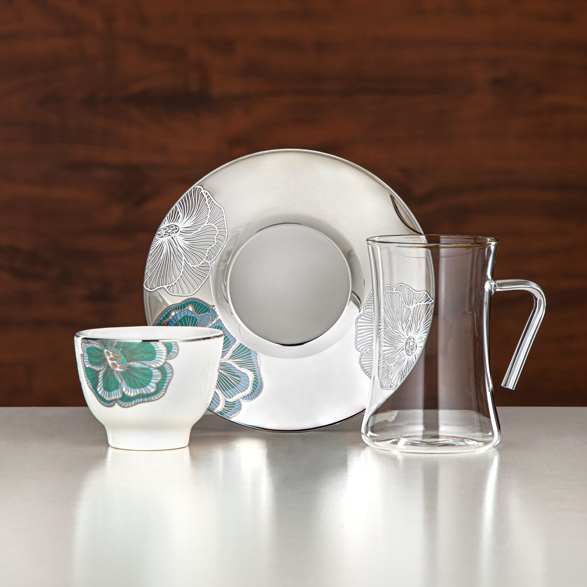 طقم ترامس المرجان 20 قطعة | فضي مطفي 1 لتر + 1 لتر (GOK-S-MS-MS + 18PCS-12257-1) – تقديم أنيق | التجمعات، المناسبات الخاصة، رمضان، عيد