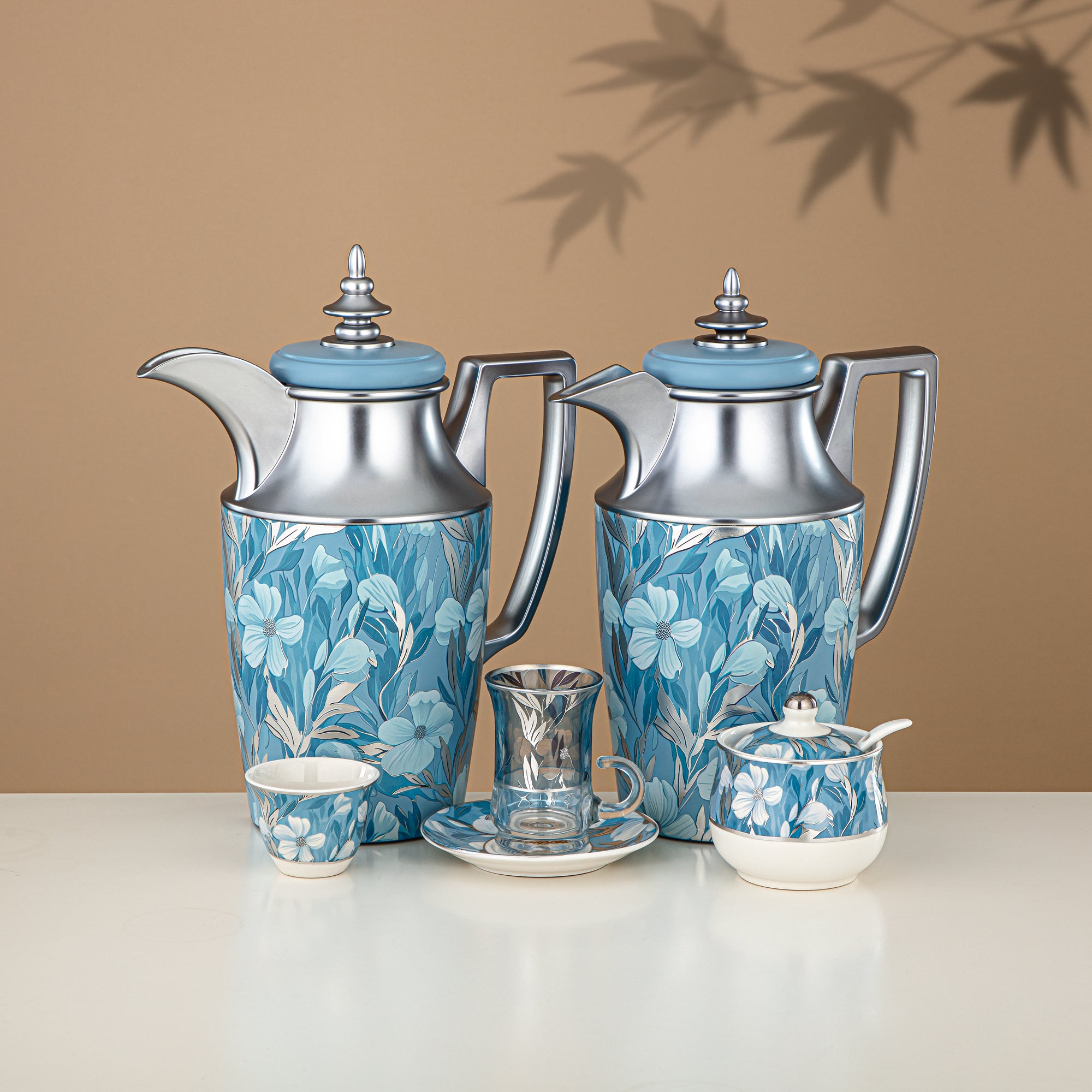 Almarjan Vacuum Flask Set 24 Pieces, 1L + 1L, Floral & Matt Silver (24-JBH-TR-AZ01S) - Tea & Coffee Complete Set