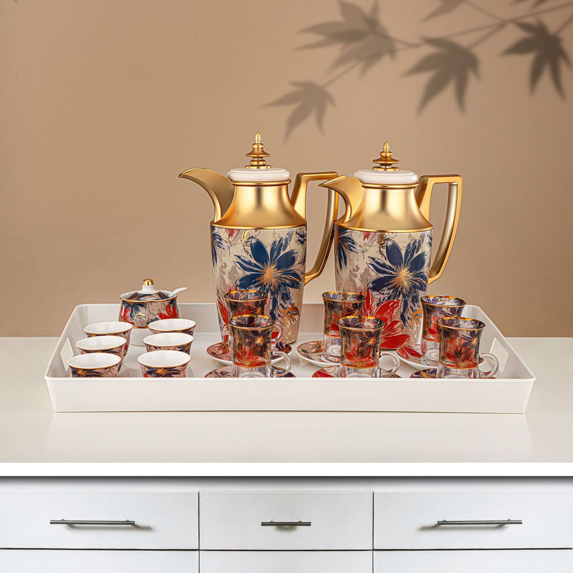 Almarjan Vacuum Flask Set 24 Pieces, 1L + 1L, Floral & Matt Gold (24-JBH-TR-AZ05G) - Tea & Coffee Complete Set