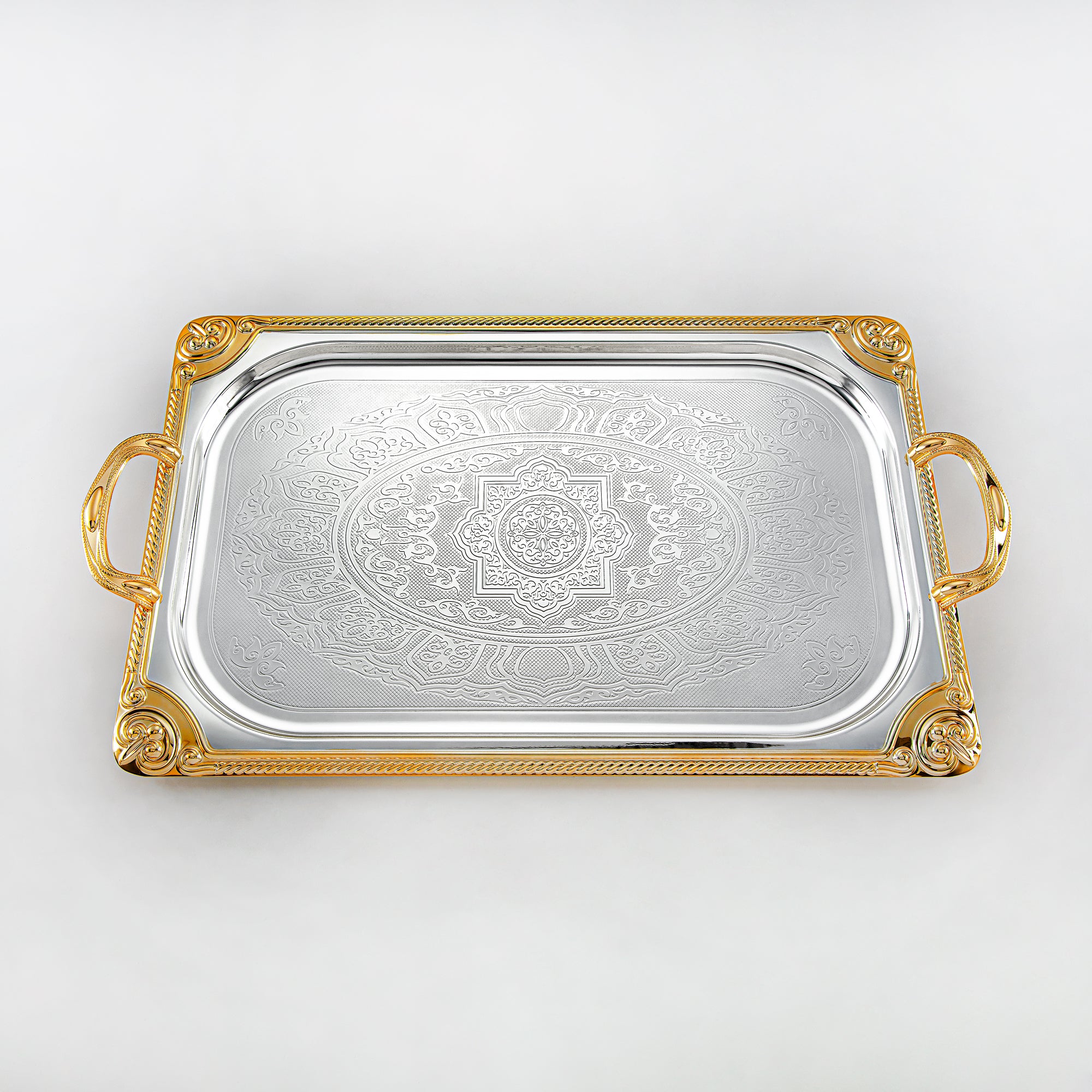Almarjan Serving Tray Set - 3 Pieces, Silver & Golden (307XLLM-SG) | Ramadan & Special Occasions