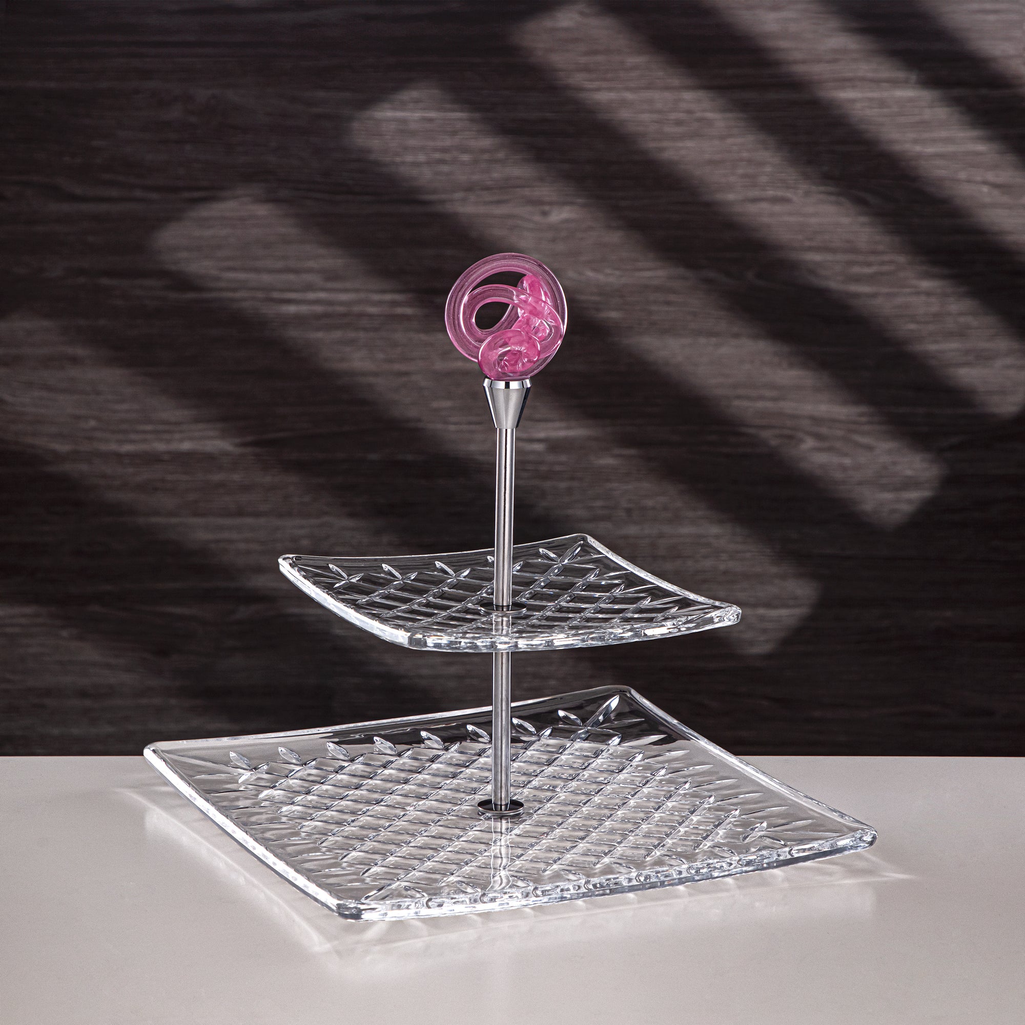 المرجان طقم تقديم زجاجي بطبقتين مربع شفاف مع عقدة وردية