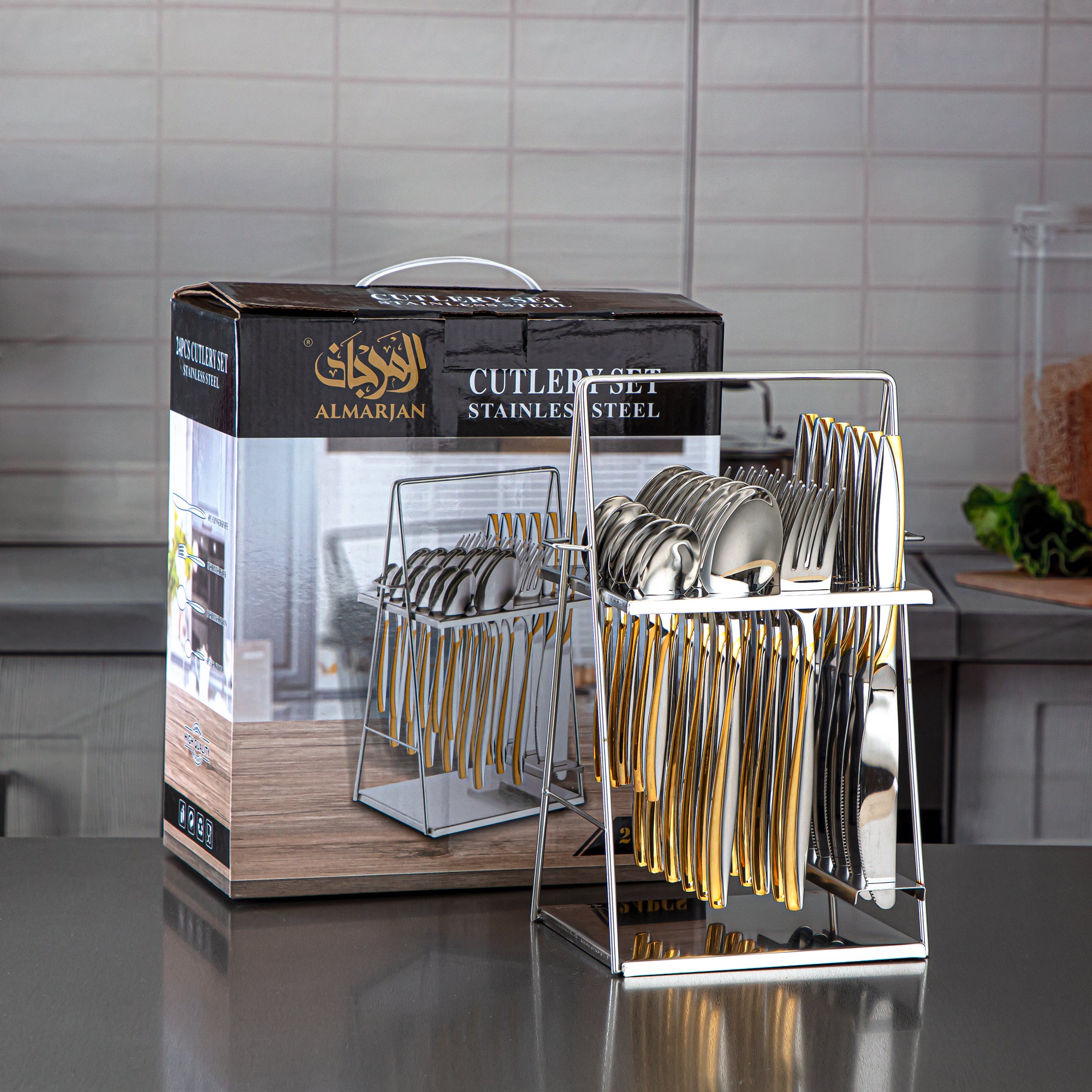 المرجان طقم أدوات مائدة ستانلس ستيل 24 قطعة مع حامل فضي وذهبي - CUT0010236