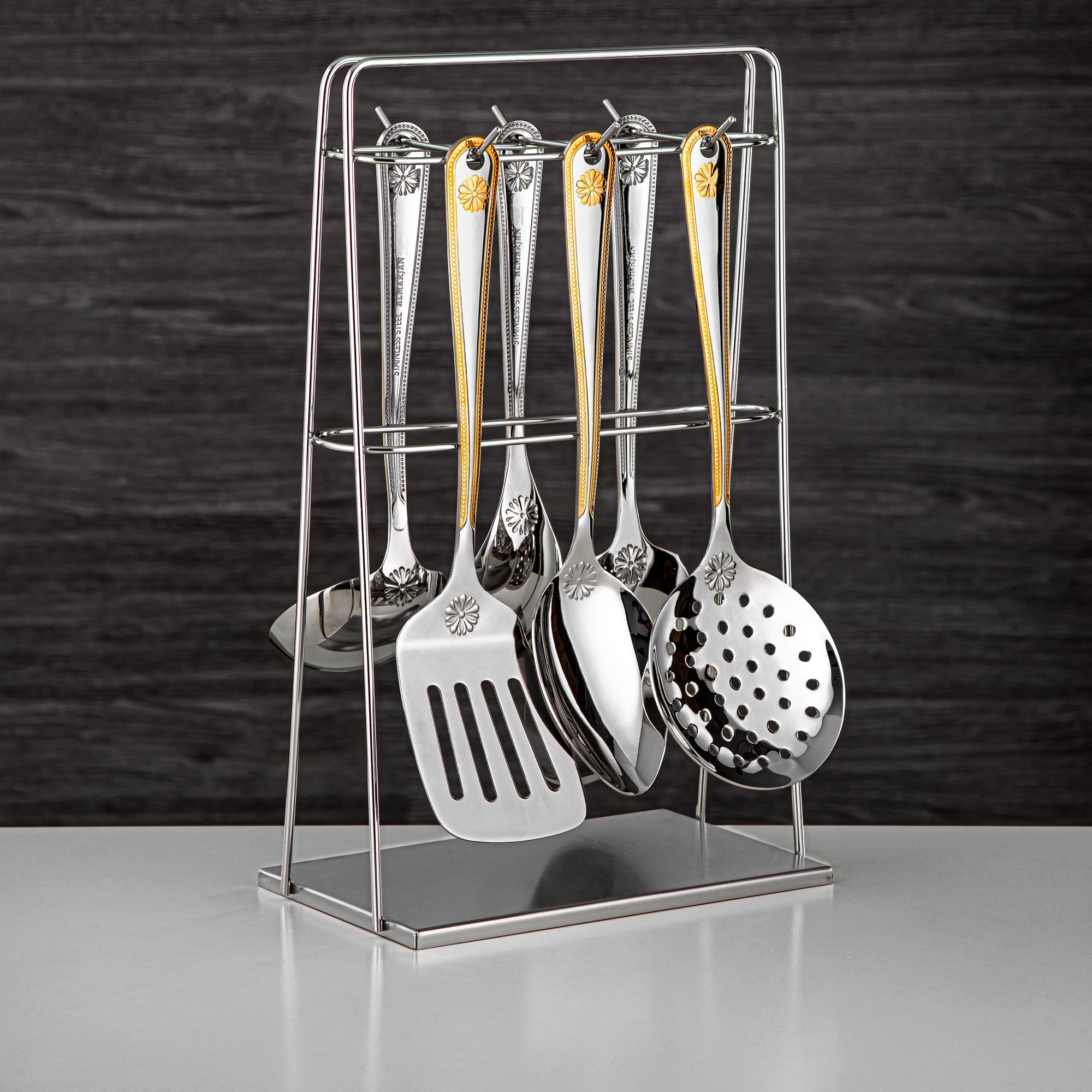 Almarjan Kitchen Tool Set 7 Pieces, Stainless Steel, With Stand, Silver & Gold (CUT0010382) Elegant Flatware