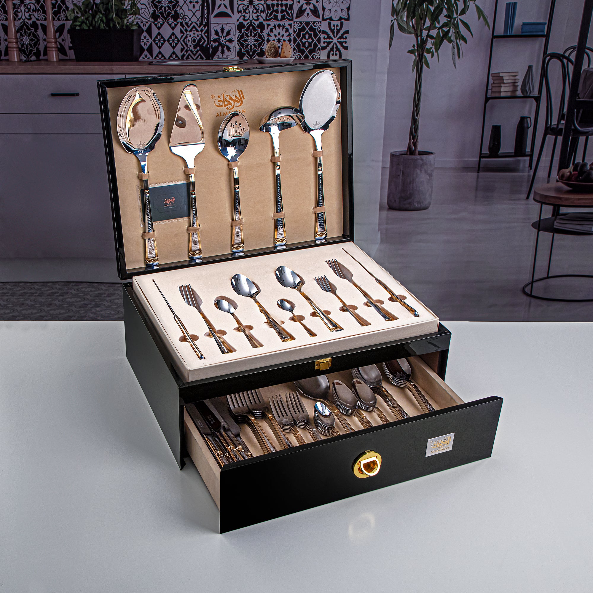 Almarjan 78 Pieces Stainless Steel Cutlery Set With Box Silver & Gold - DA004GLE013/78