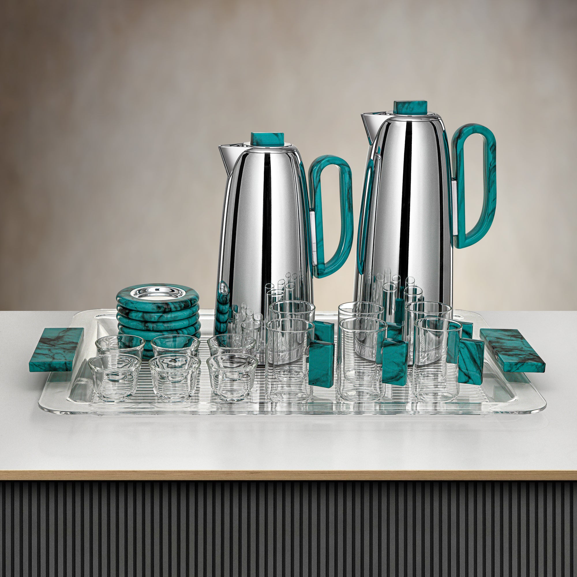 طقم شاي وقهوة المرجان، ٢١ قطعة، فضي وأخضر رخامي