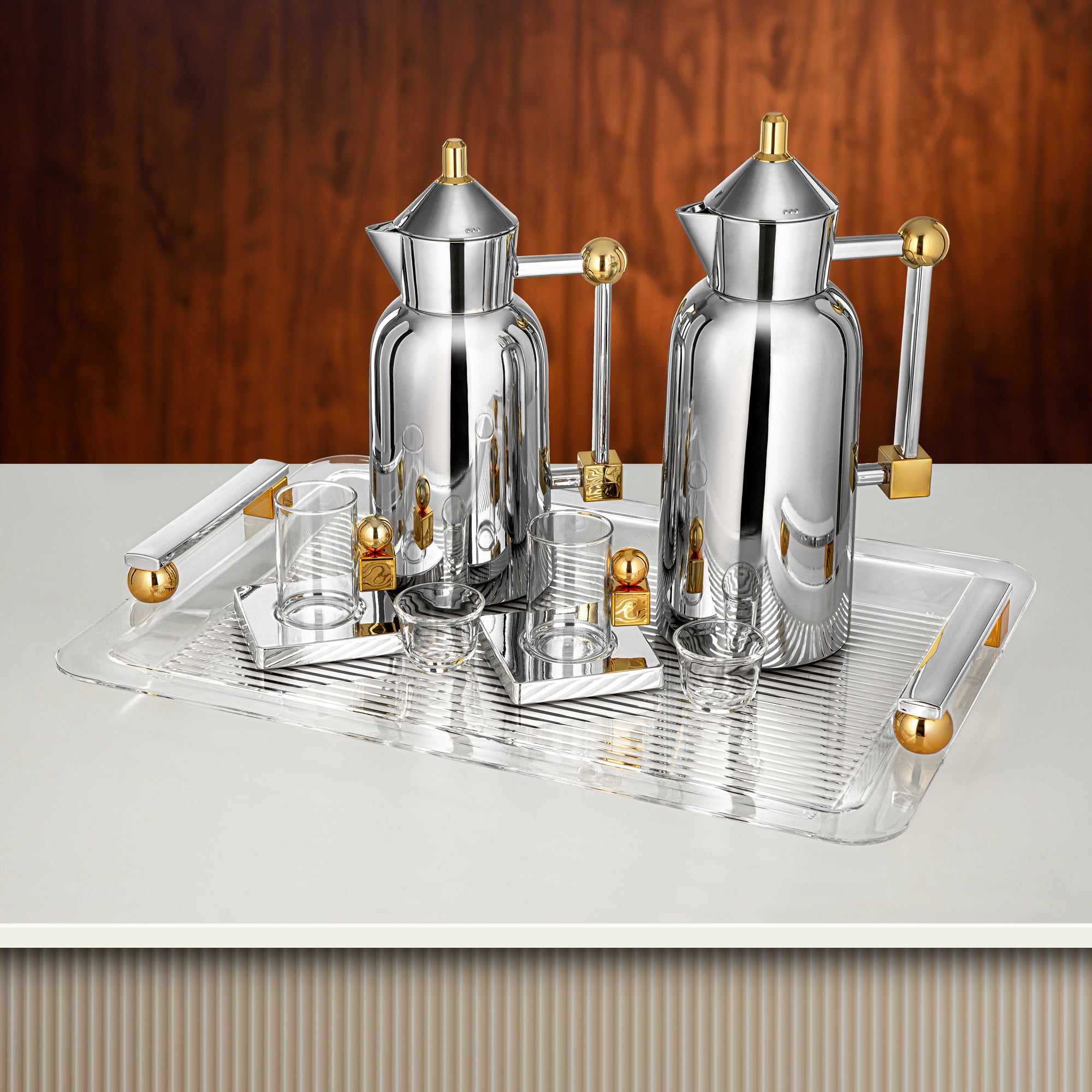 طقم شاي وقهوة المرجان ٢١ قطعة فضي وذهبي