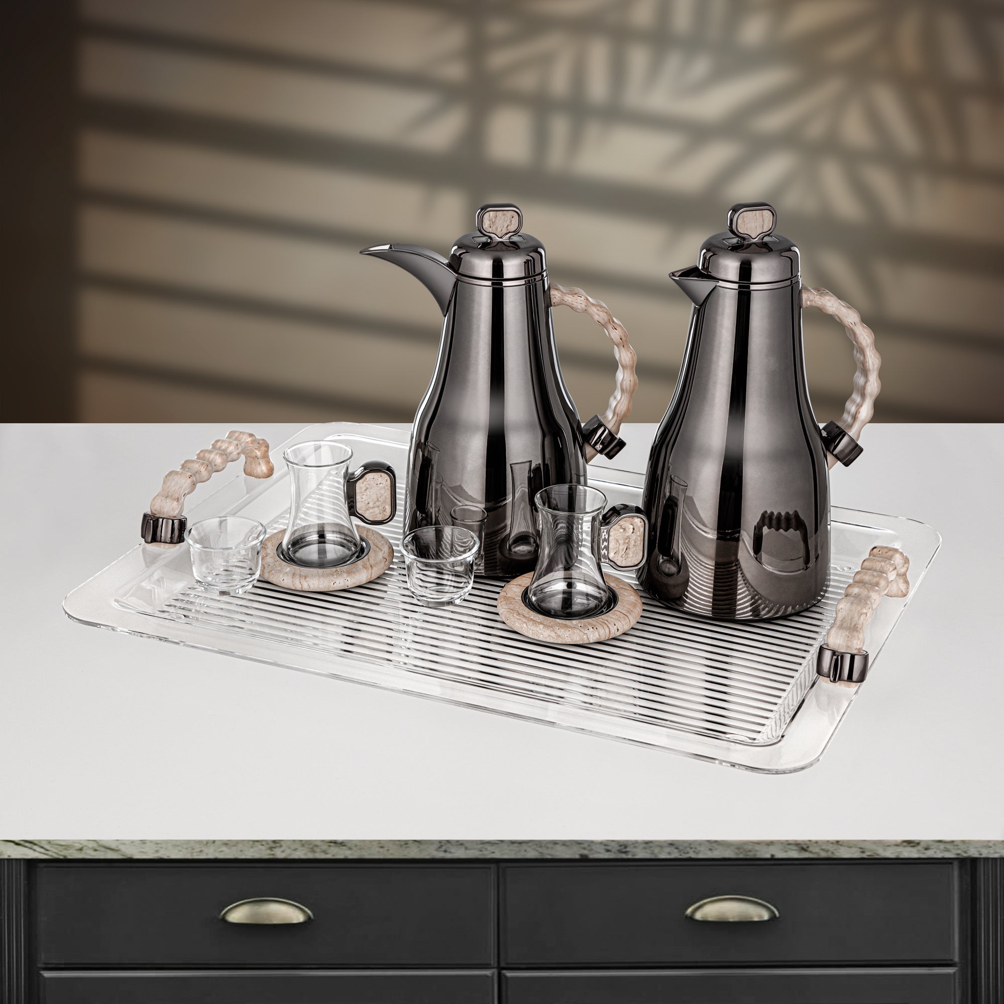 Almarjan 21 Pieces Tea & Coffee Set, Gun Black & Travertine Marble