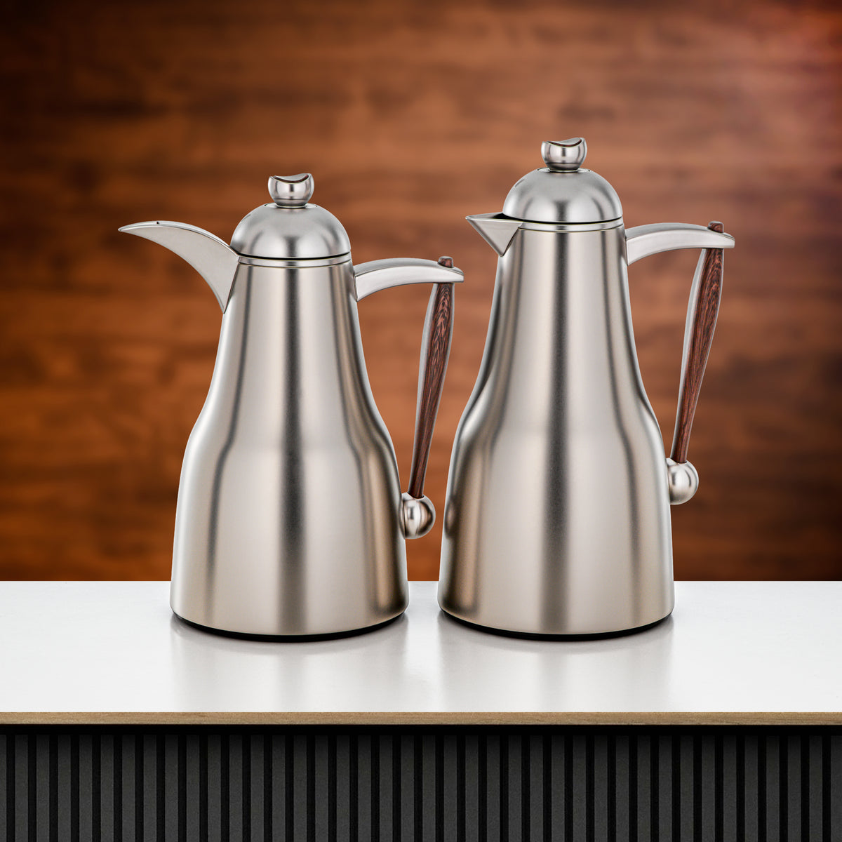 Almarjan 2 Pieces Vacuum Flask Set, Matt Nickel & Dark Wood