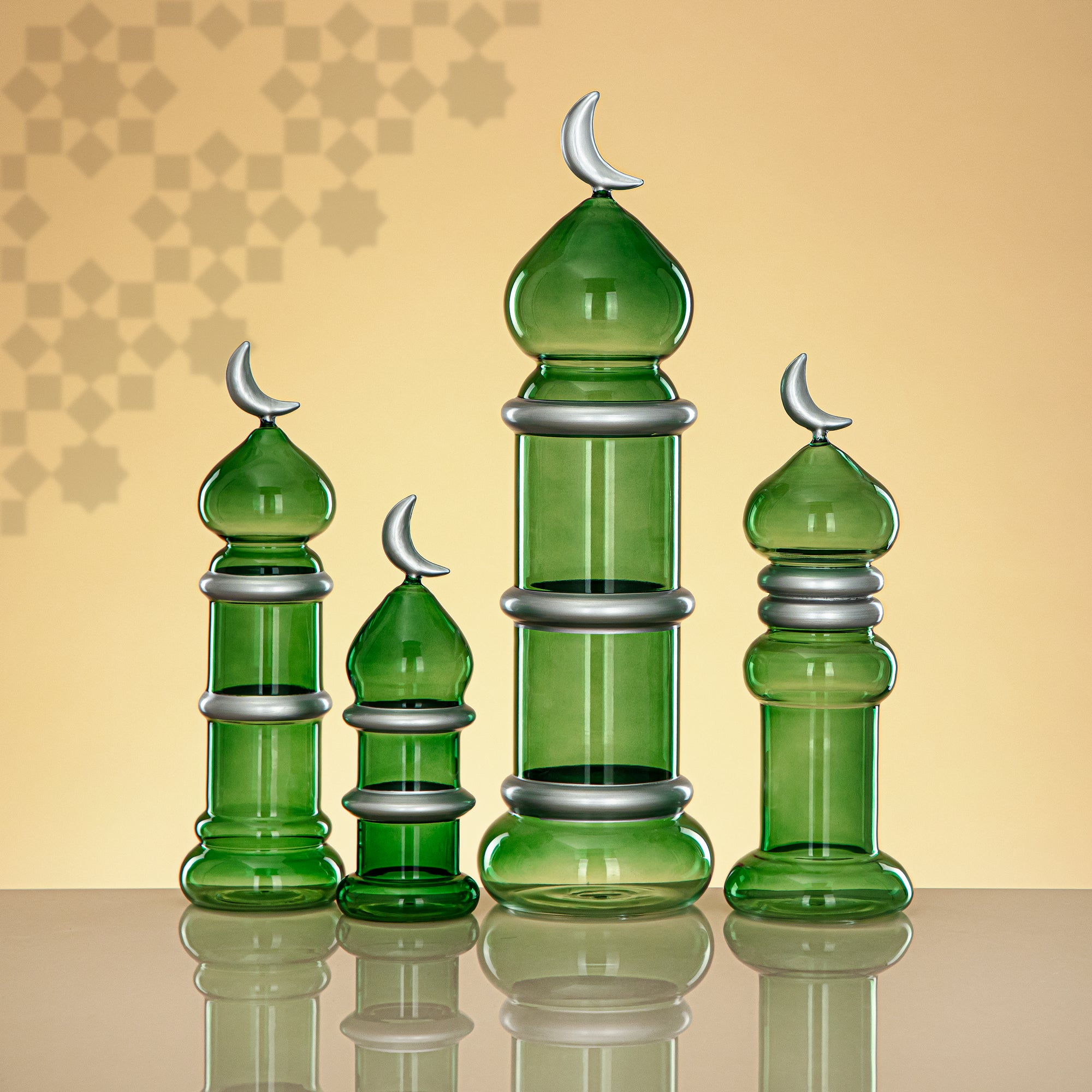 المرجان مئذنة زينة طاولة 24cm x 7cm شفاف أخضر مع خطوط فضية وهلال – Noor Al Layali