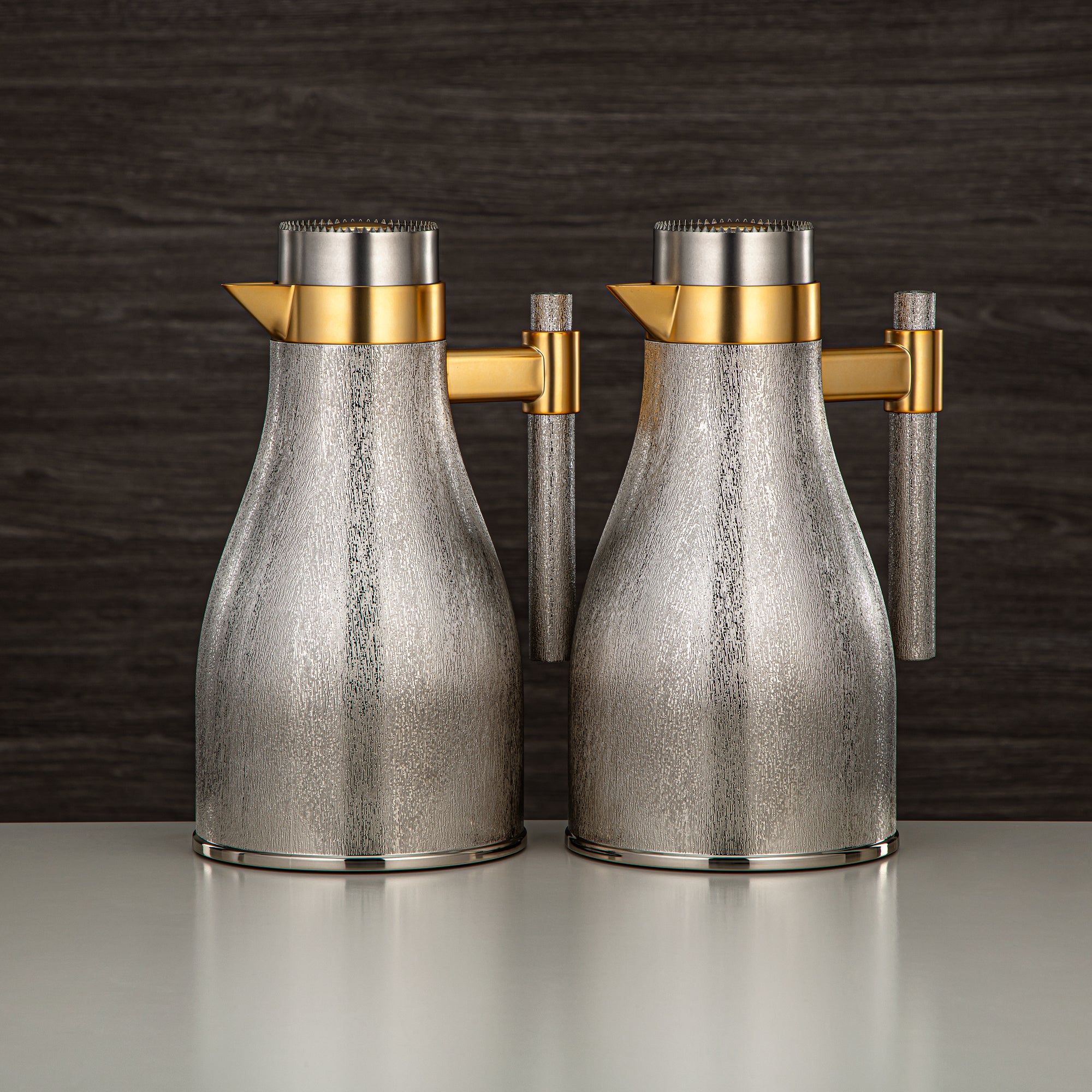 Almarjan Vacuum Flask Set ABS Push Button 1L + 1L Matt Nickel & Matt Gold (GOK-N-MN-MG) - Elegant Serving