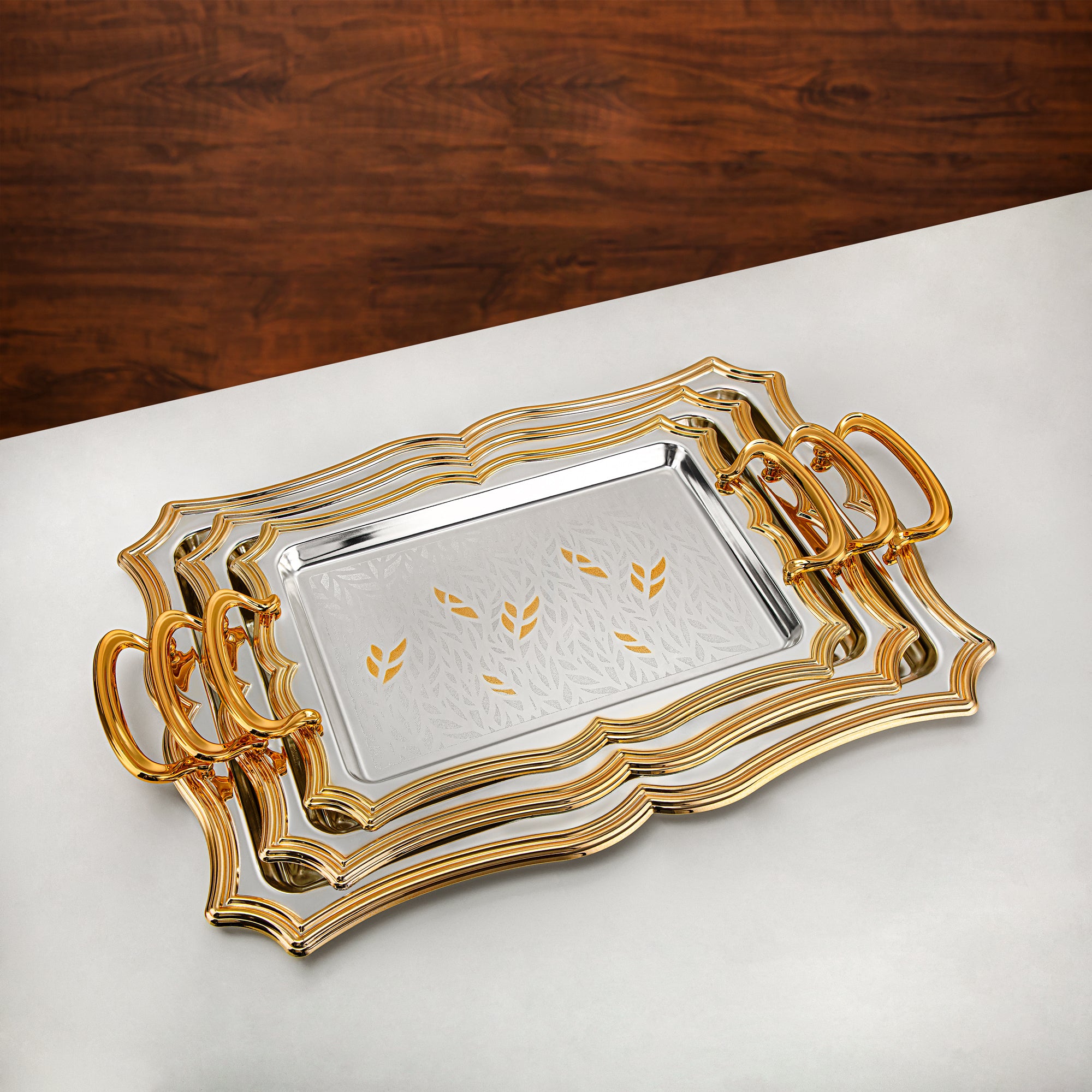 Almarjan 3 Pieces Serving Tray Set Silver & Gold - HT2411005