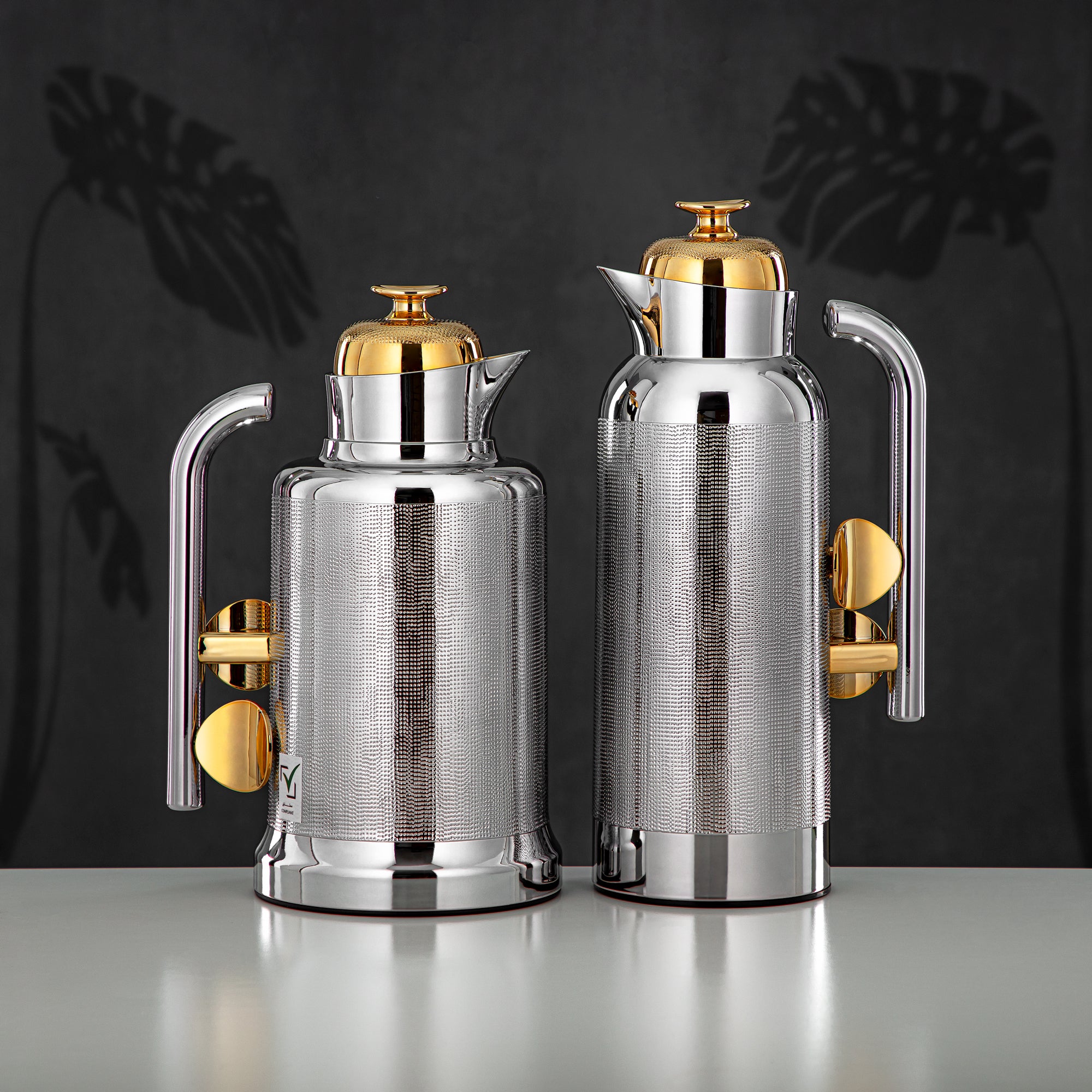 Almarjan Vacuum Flask Set, ABS, Push Button, 1L + 1L, Silver & Gold (IZ-SG) - Modern Elegance