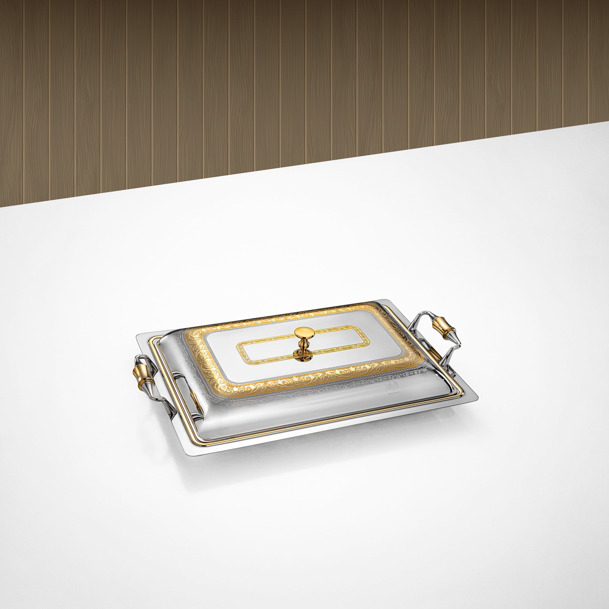 Almarjan Rectangular Serving Tray with Cover 40cm Silver & Gold