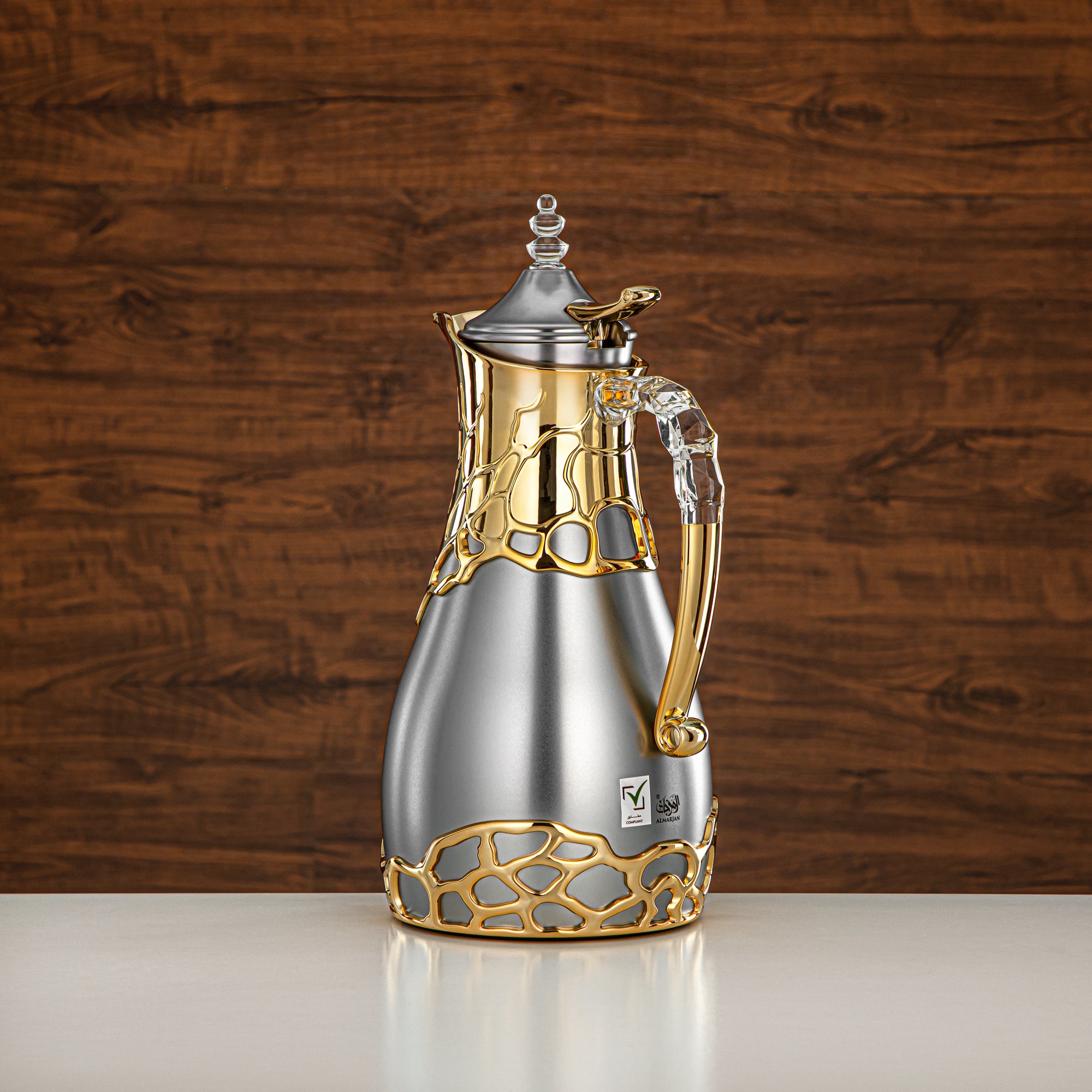 Almarjan Vacuum Flask Set Metal Body 0.7L & 1L ABS & Acrylic Handle (VBC-0700/1000 E23C95) – Matte Silver & Gold Tea & Coffee Serving