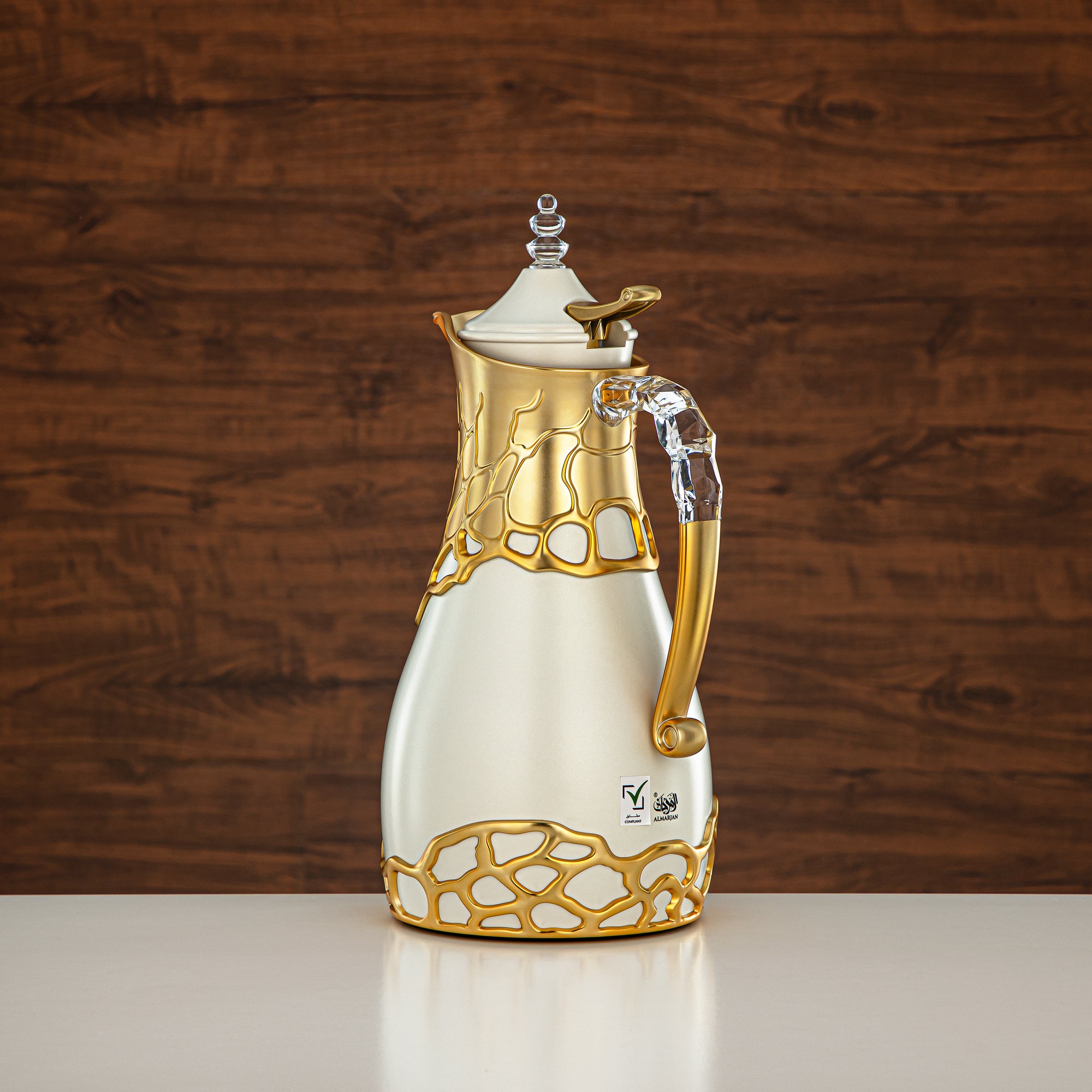 Almarjan Vacuum Flask Set Metal Body 0.7L & 1L ABS & Acrylic Handle (VBC-0700/1000 Q330YZE22) – Ivory & Matte Gold Tea & Coffee Serving