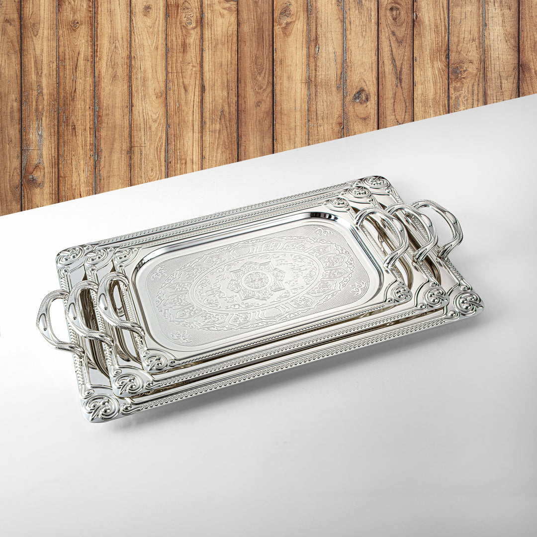 Almarjan Serving Tray Set - 3 Pieces, Silver (307XLLM-S) | Ramadan & Special Occasions