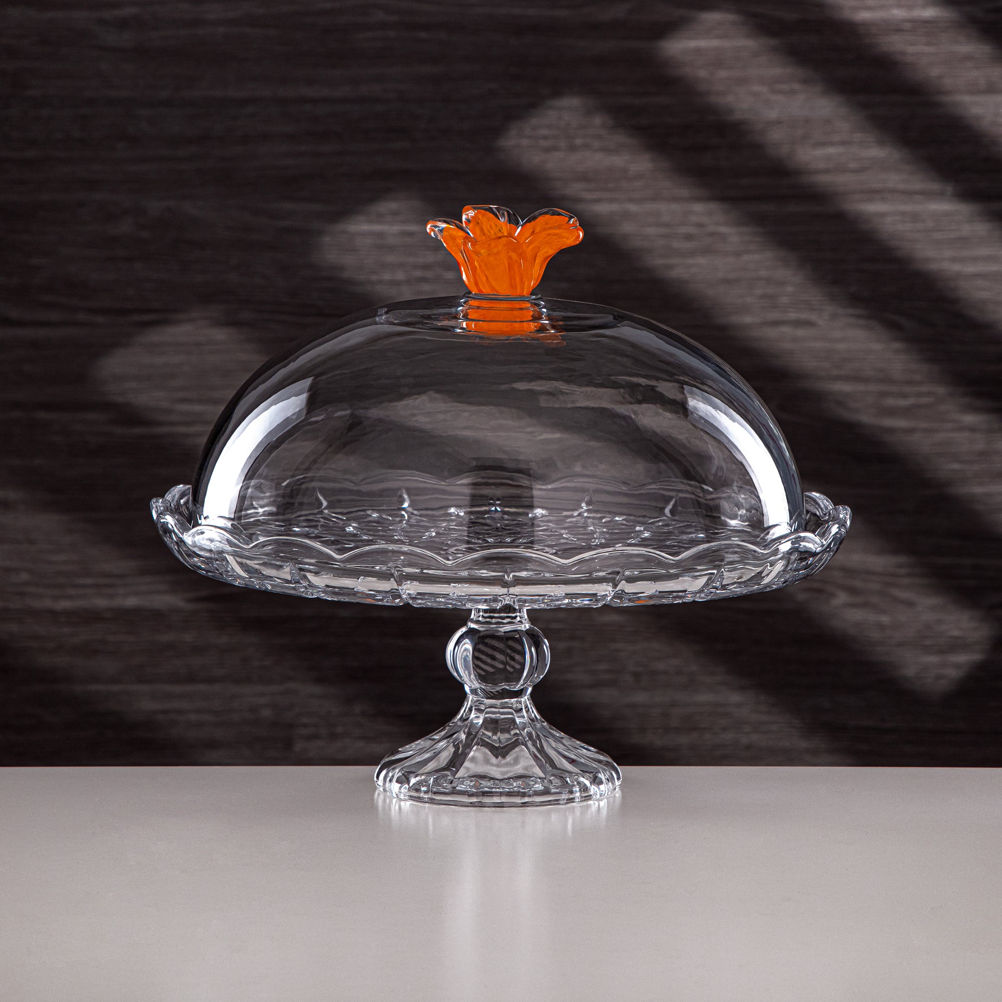 Almarjan Cake Stand Glass Round Clear with Orange Flower
