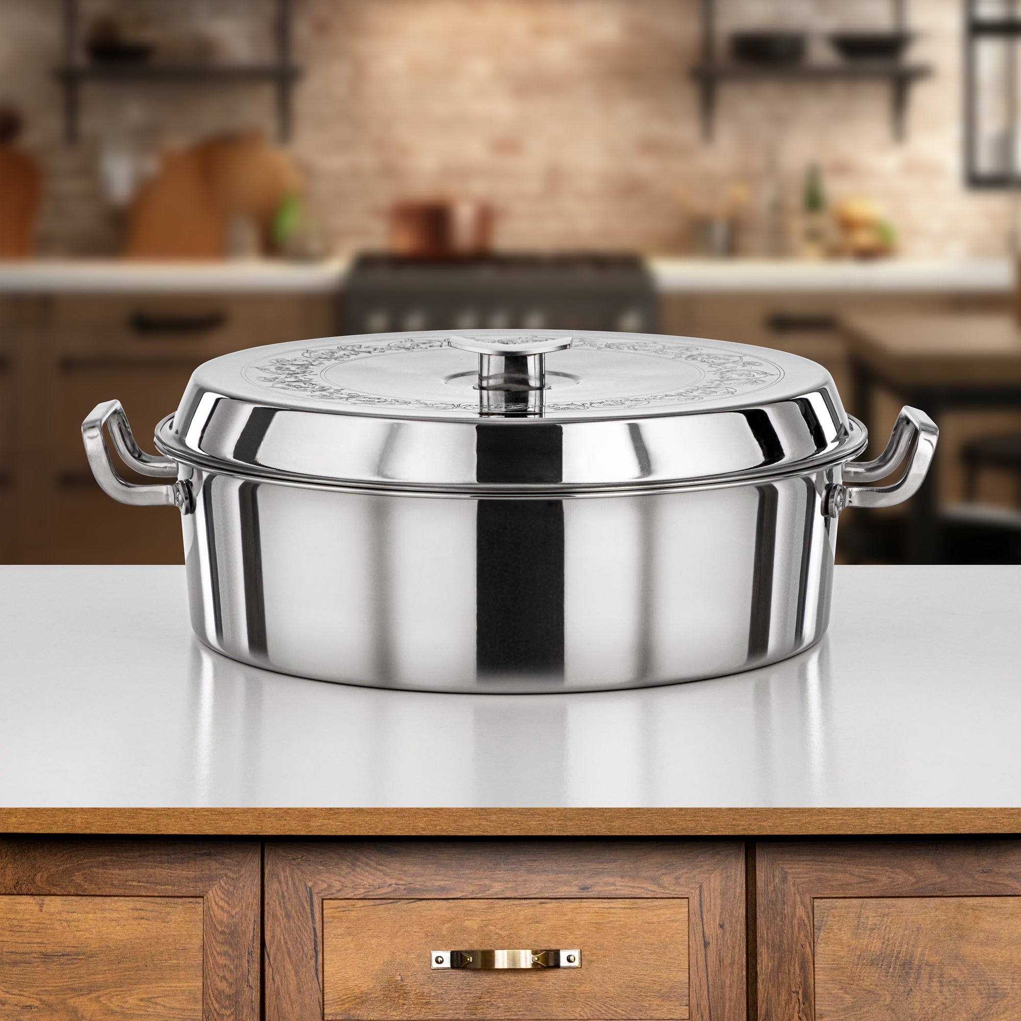 Almarjan Hot Pot Set Stainless Steel Silver Etched Cover 2-Piece 4800ml & 6000ml (H25P9) – Badr Collection | Exquisite Serveware