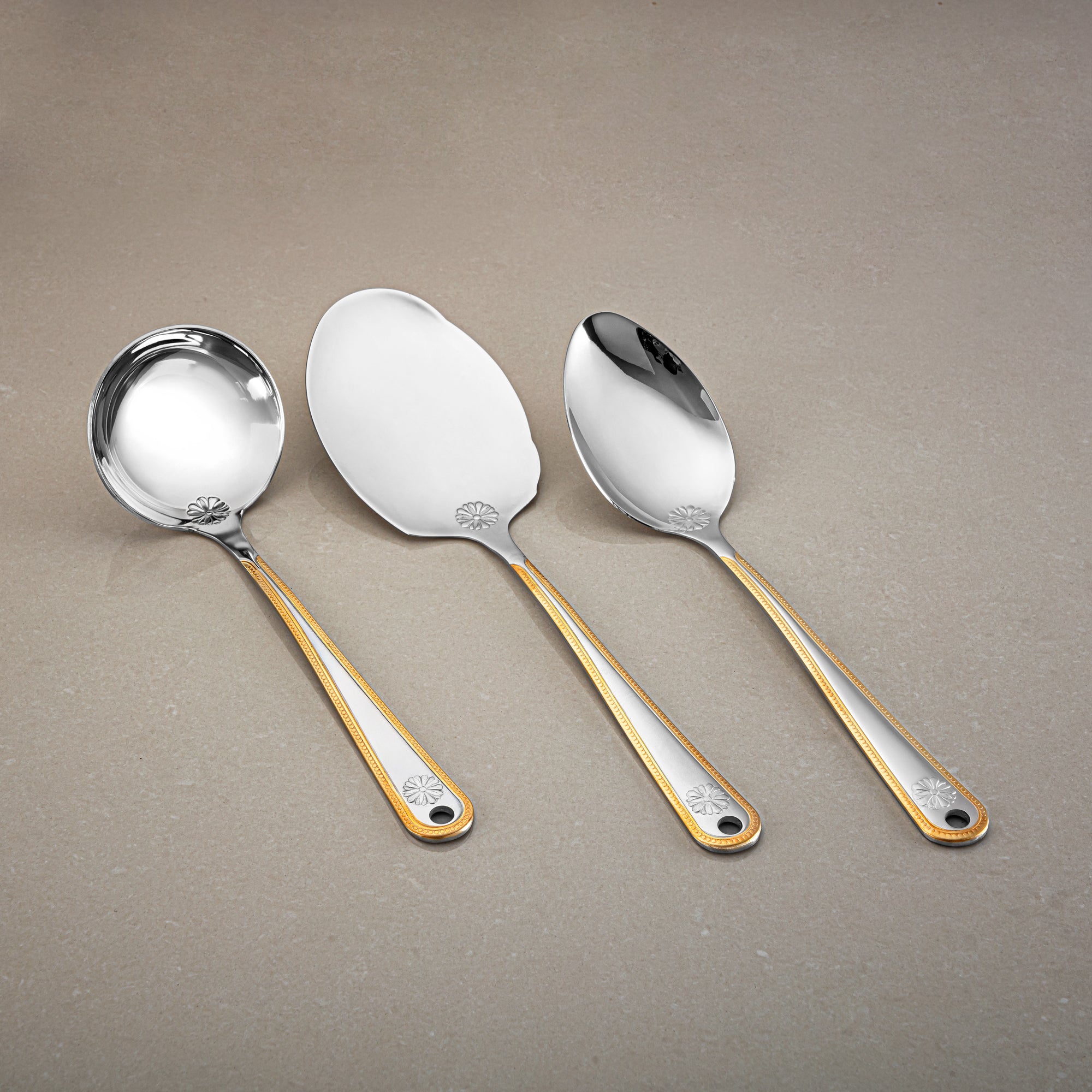 Almarjan Kitchen Tool Set 7 Pieces, Stainless Steel, With Stand, Silver & Gold (CUT0010383) Elegant Flatware