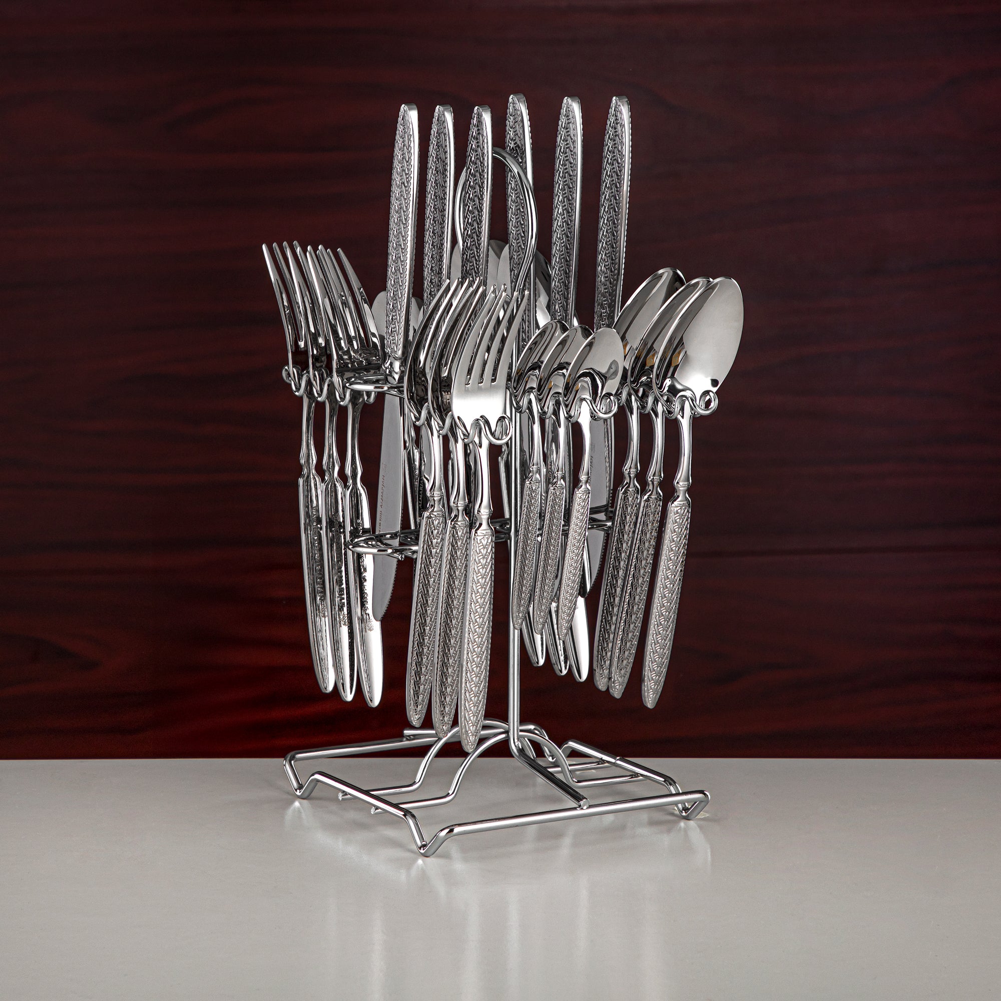 Almarjan Cutlery Set 24 Pieces, Stainless Steel, With Stand, Silver (CUT0010437) Elegant Cutlery Set