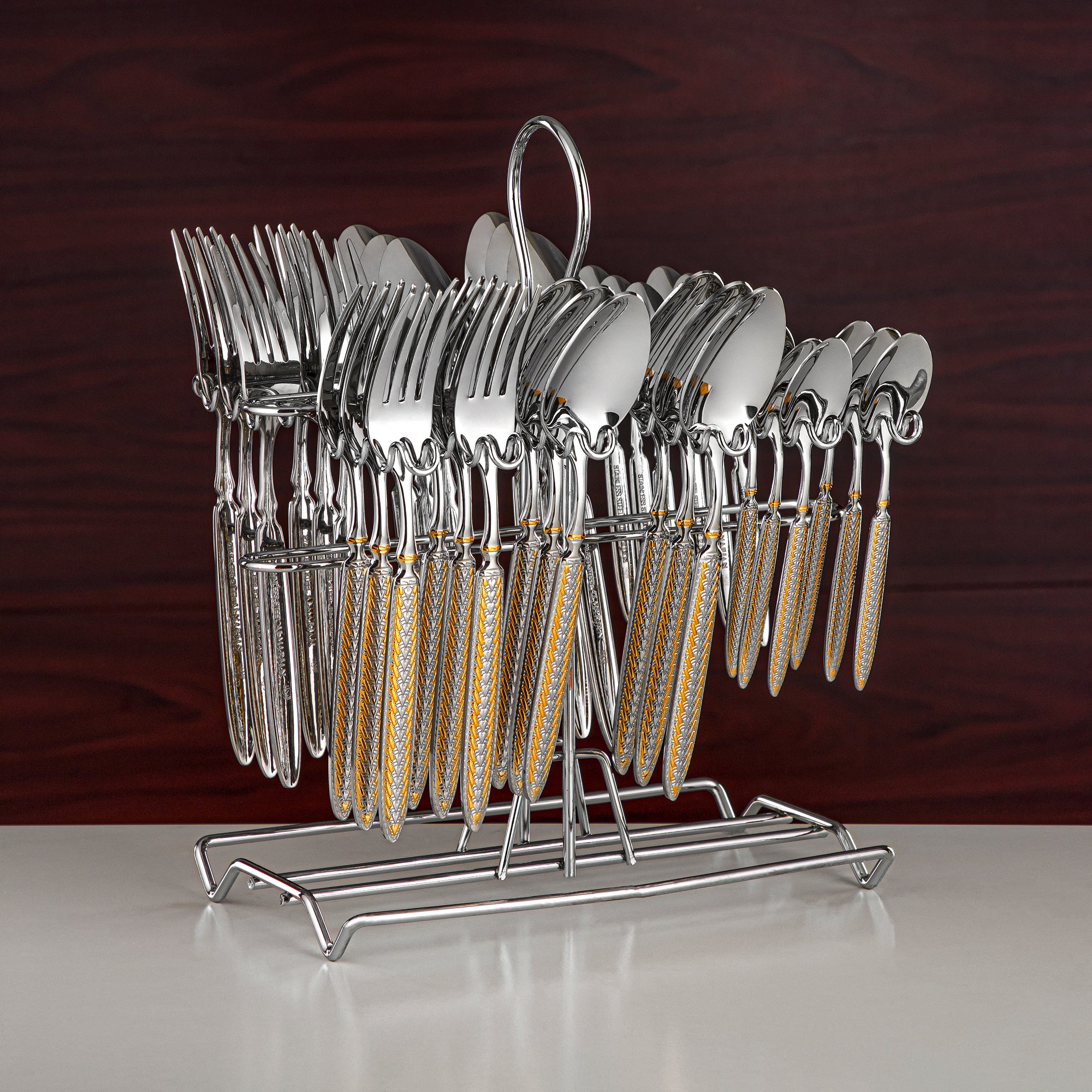 Almarjan Cutlery Set 36 Pieces, Stainless Steel, With Stand, Silver & Gold (CUT0010444) Elegant Cutlery Set