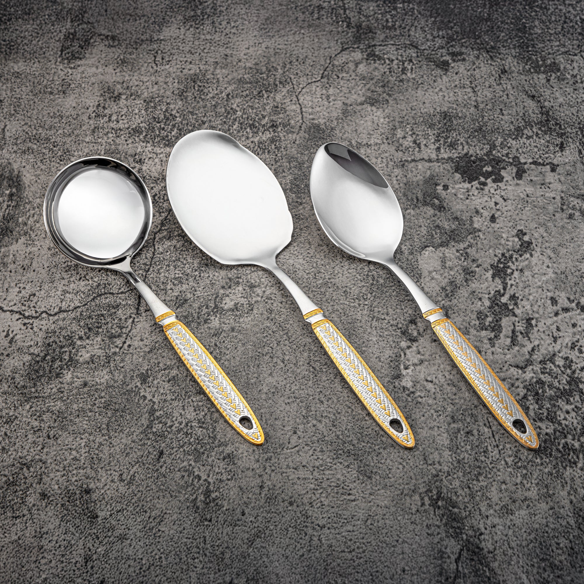 Almarjan Kitchen Tool Set 7 Pieces, Stainless Steel, With Stand, Silver & Gold (CUT0010470) Elegant Flatware
