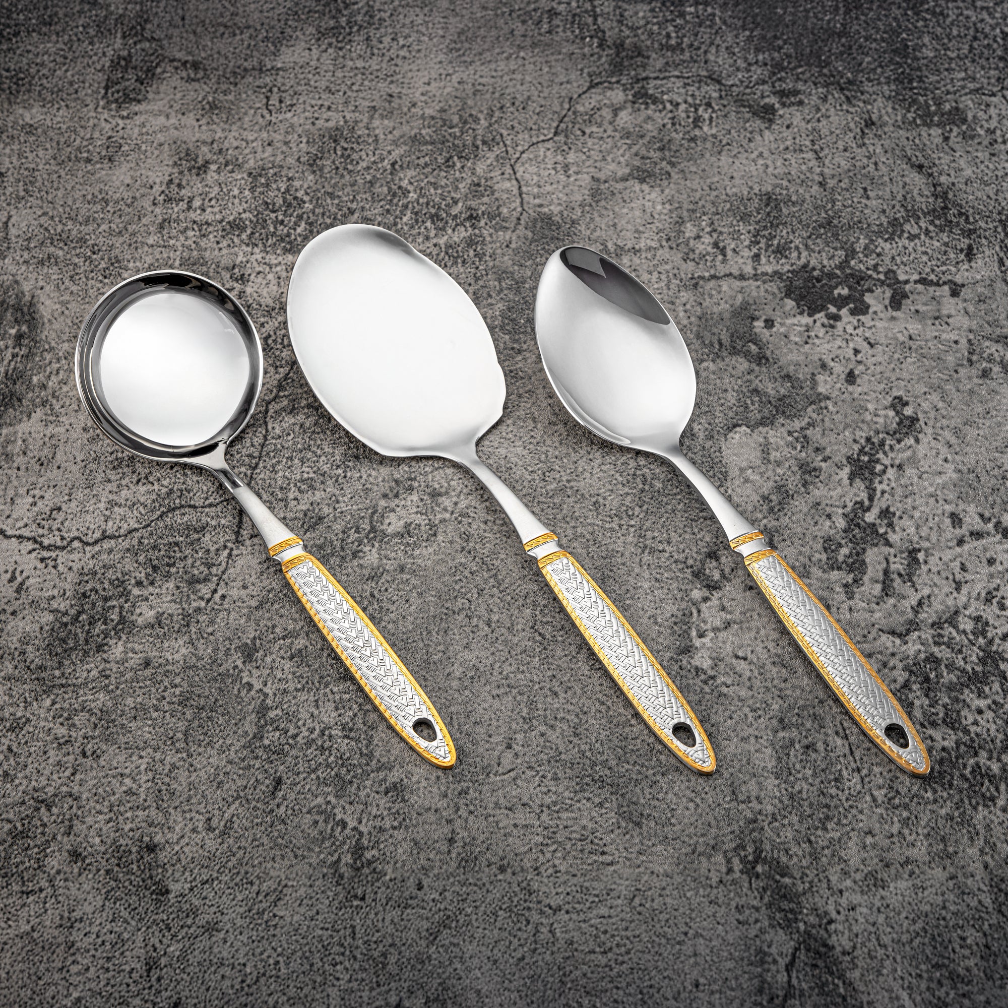 Almarjan Kitchen Tool Set 7 Pieces, Stainless Steel, With Stand, Silver & Gold (CUT0010471) Elegant Flatware