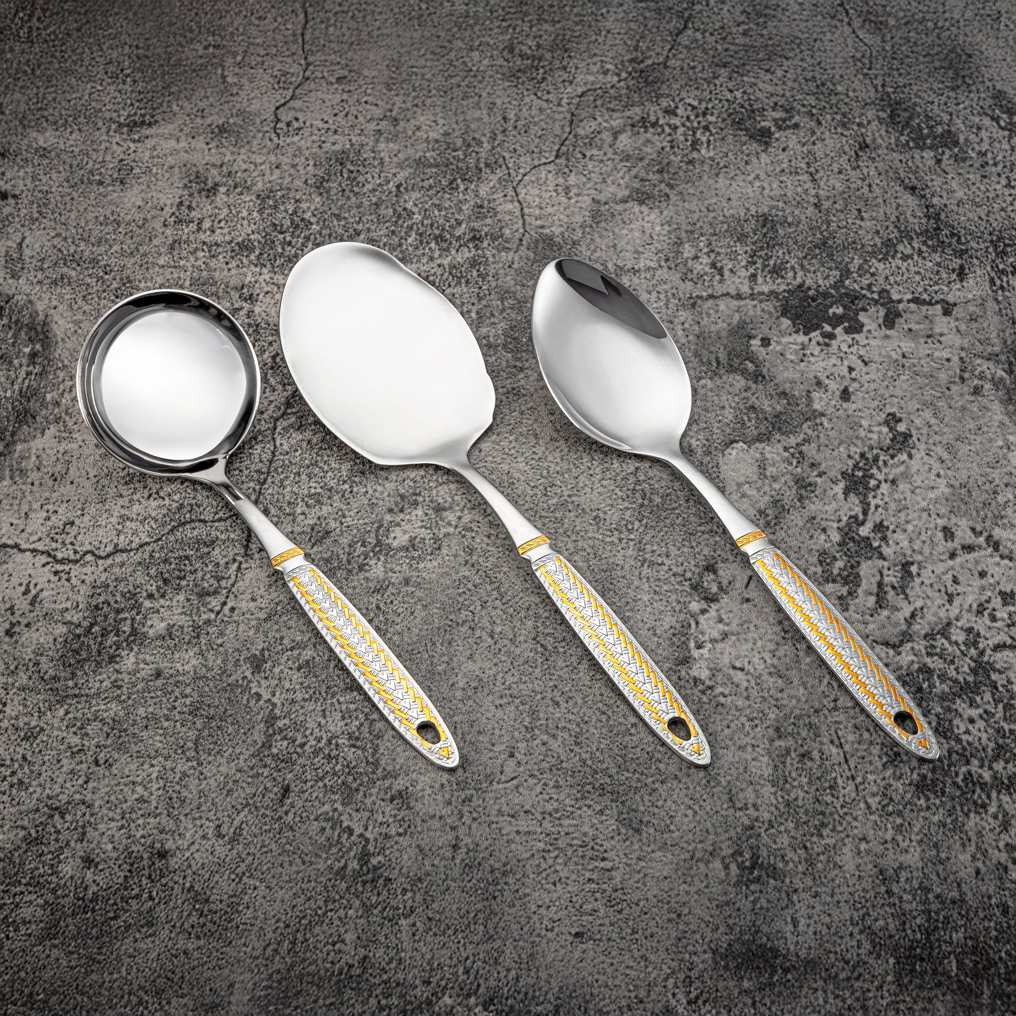 Almarjan Kitchen Tool Set 7 Pieces, Stainless Steel, With Stand, Silver & Gold (CUT0010472) Elegant Flatware