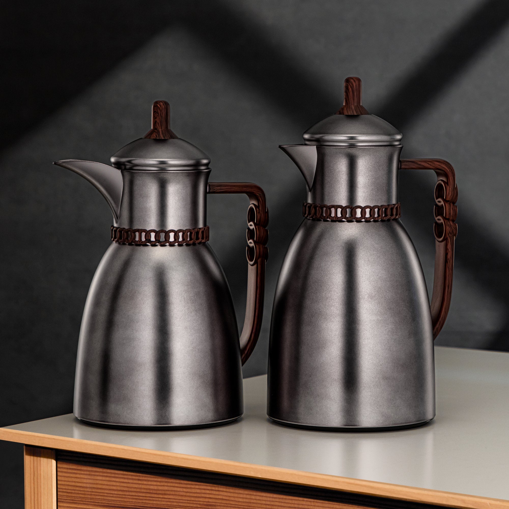 Almarjan Vacuum Flask Set 0.7L & 1L Gun Black & Dark Wood