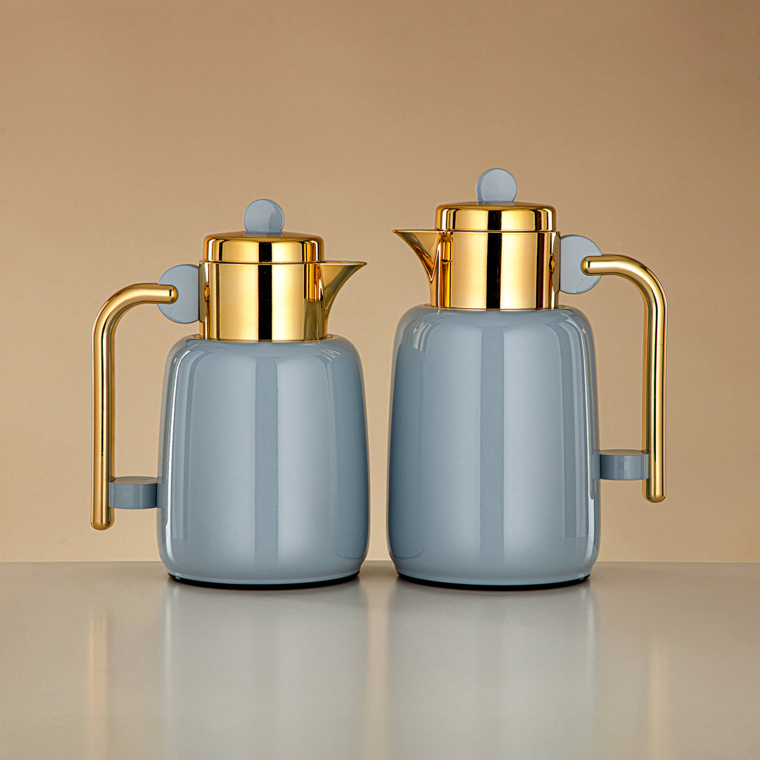 Almarjan Vacuum Flask Set - 0.7L + 1L, Baby Blue & Gold (FG808-070/100 HB/G) - For Serving Tea & Coffee