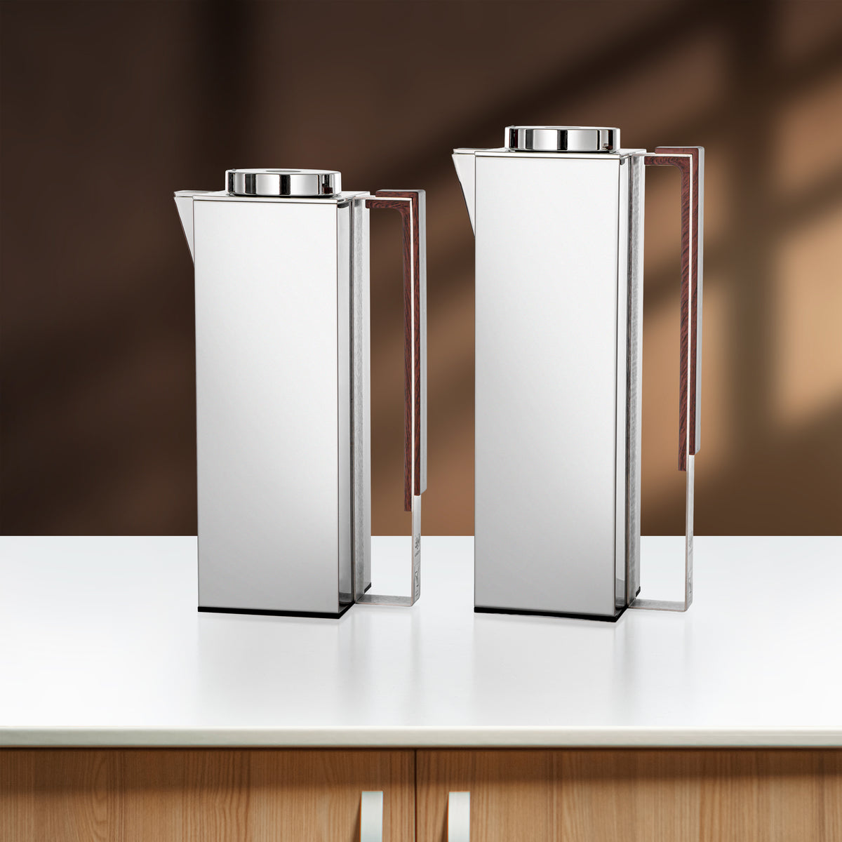 Almarjan 2 Pieces Vacuum Flask Set, Silver & Dark Wood