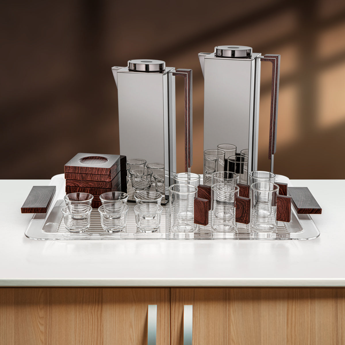Almarjan 21 Pieces Tea & Coffee Set, Gun Black & Dark Wood