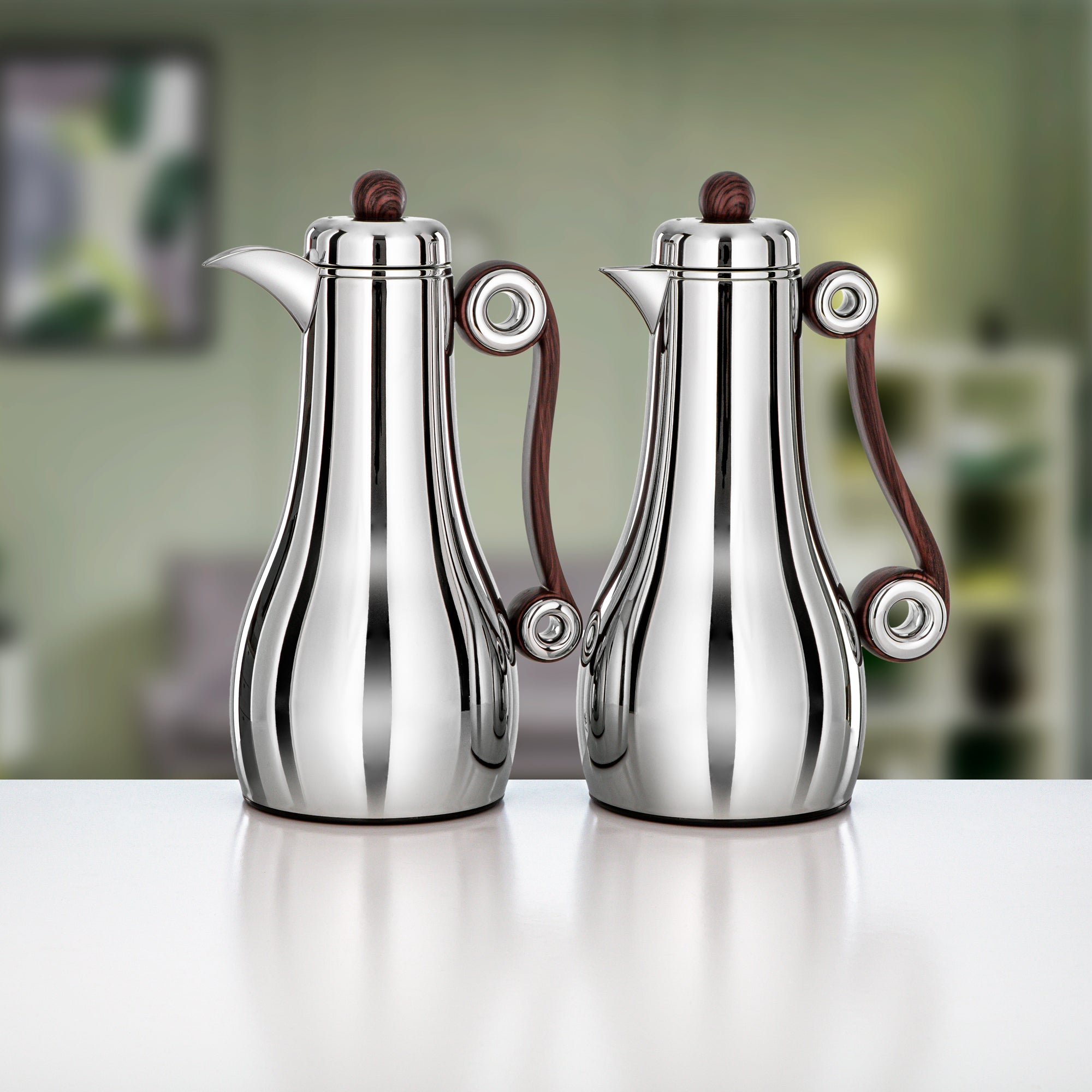 Almarjan 2 Pieces Vacuum Flask Set, Silver & Dark Wood