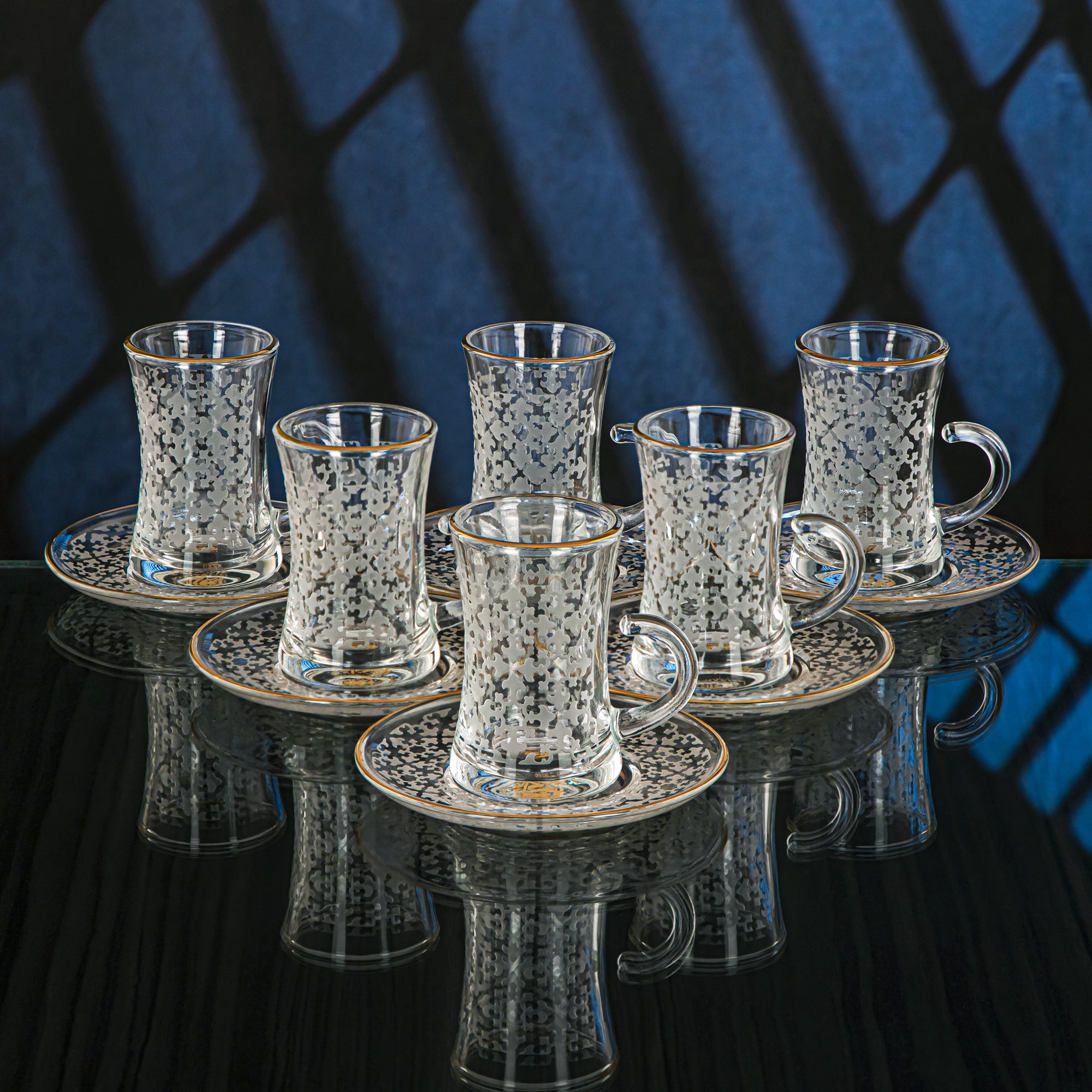 Almarjan 6 Pieces Zelij Collection Glass Tea Cup With Golden Rim - GLS2630035