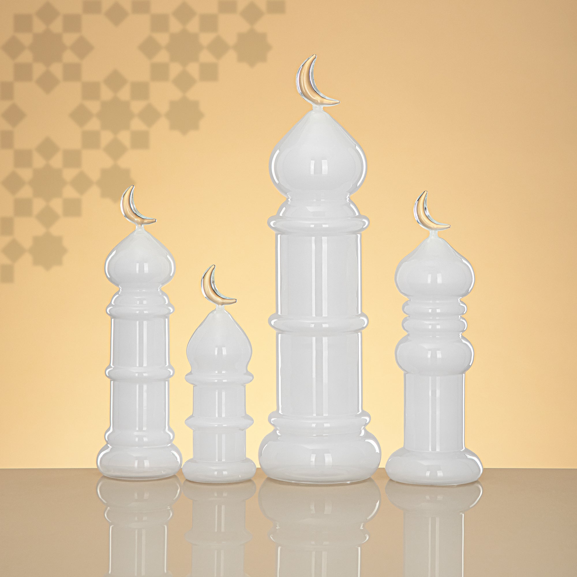 Almarjan Minaret Table Decoration 24cm x 8cm White with Clear Crescent Moon – Noor Al Layali
