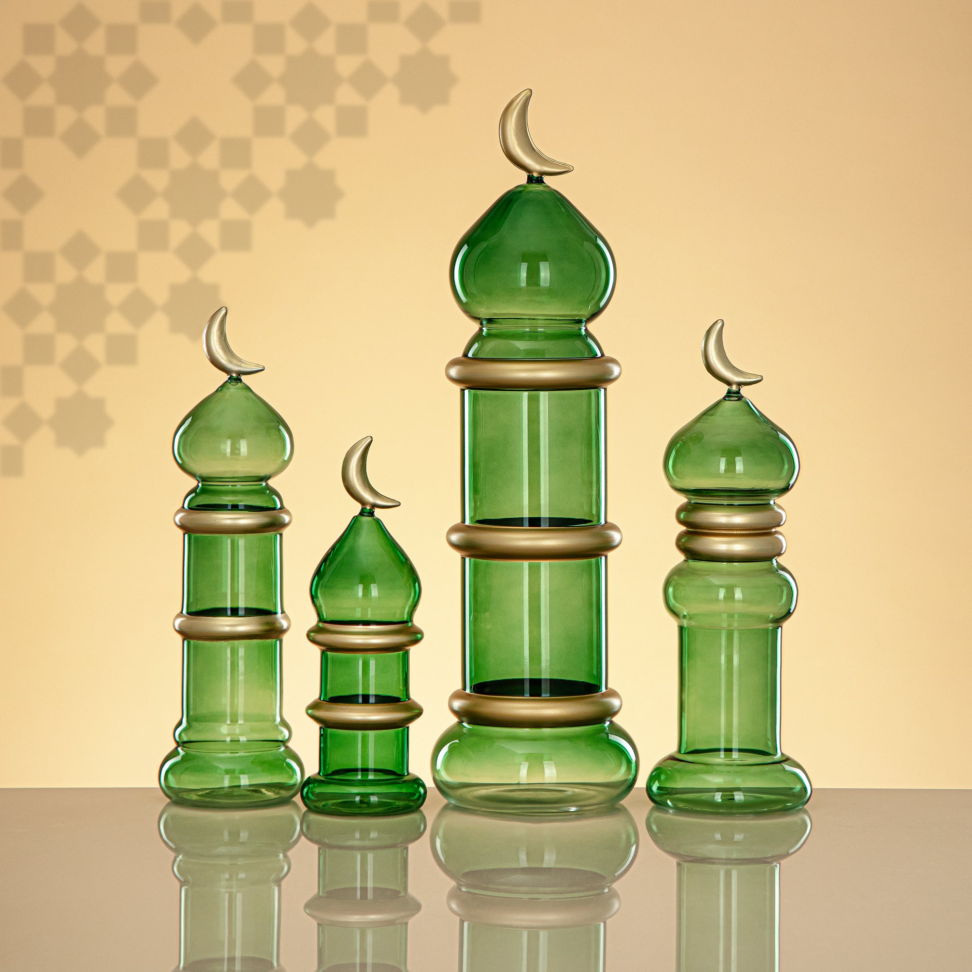 Almarjan Minaret Table Decoration 24cm x 8cm Transparent Green with Golden Lines & Crescent Moon – Noor Al Layali