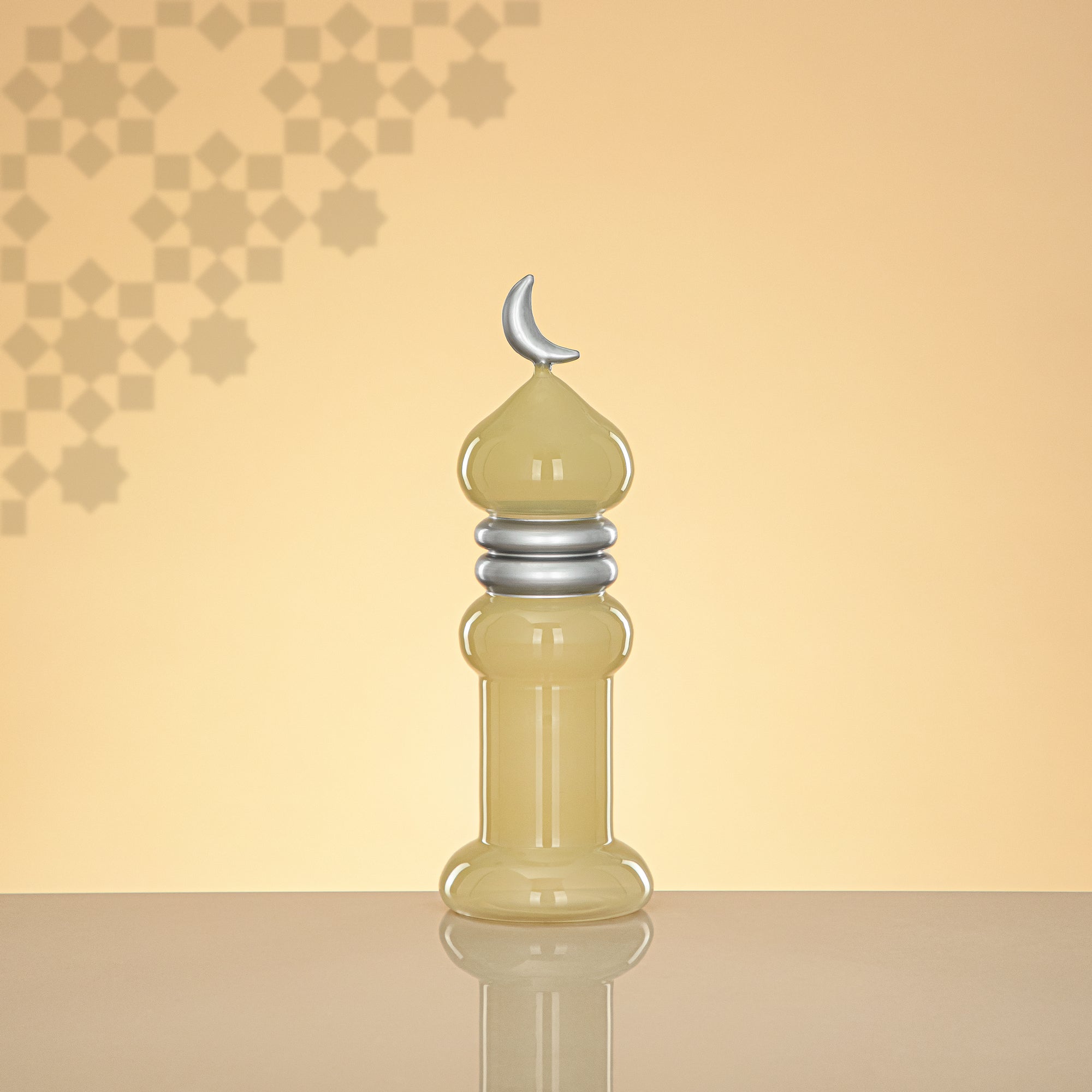 Almarjan Minaret Table Decoration 24cm x 8cm Ivory with Silver Lines & Crescent Moon – Noor Al Layali