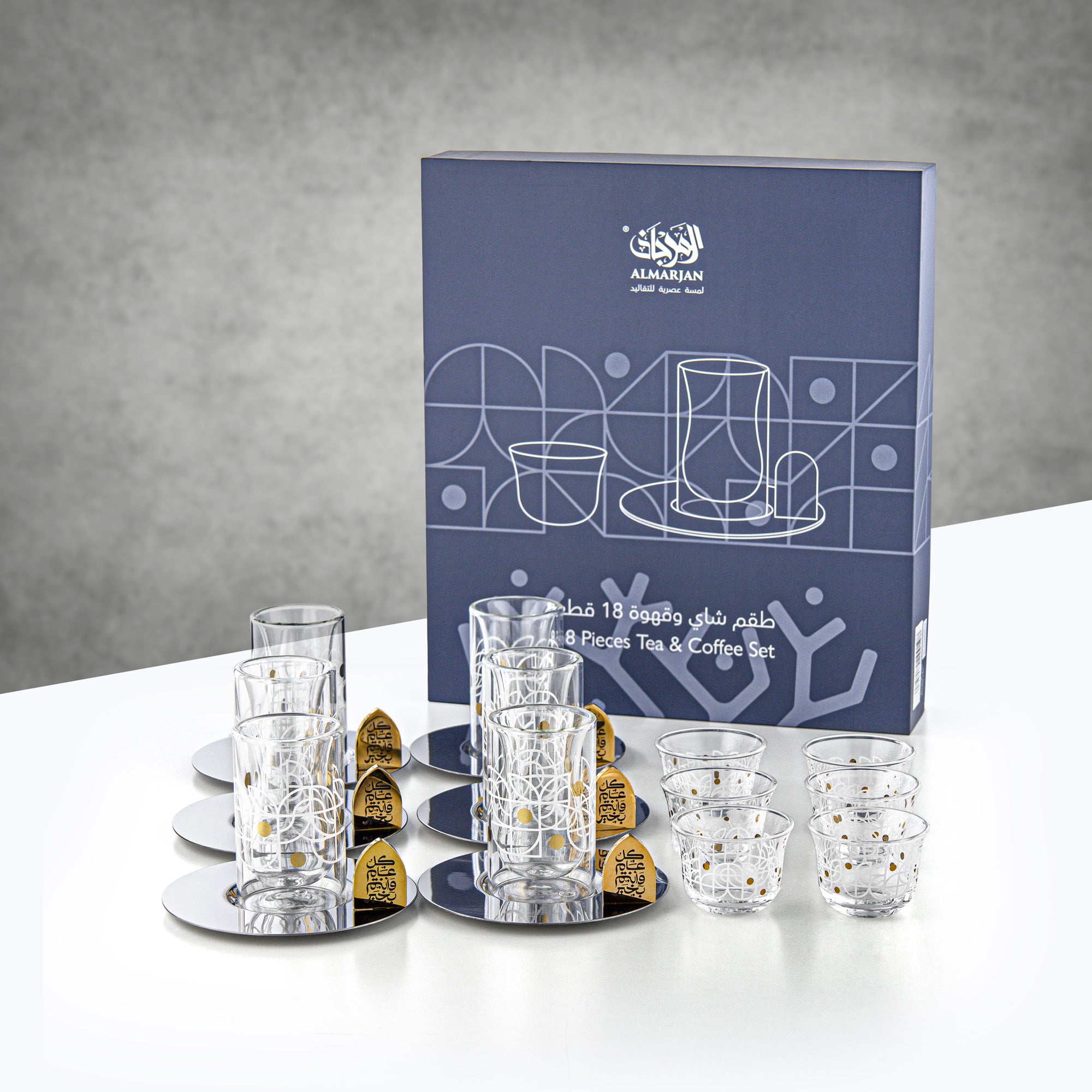 طقم شاي وقهوة المرجان، ١٨ قطعة، أبيض ونقشة ذهبية