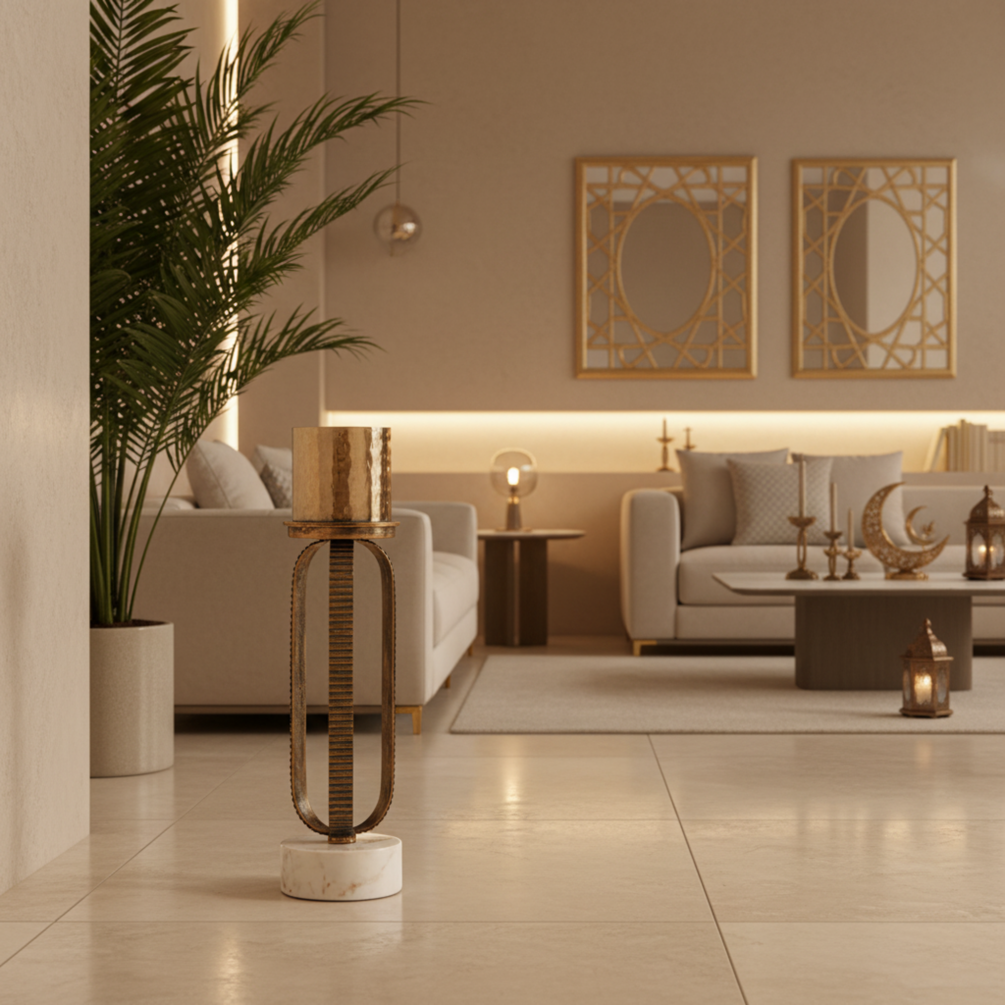 Almarjan Pillar Candle Holder 39cm Champagne Gold