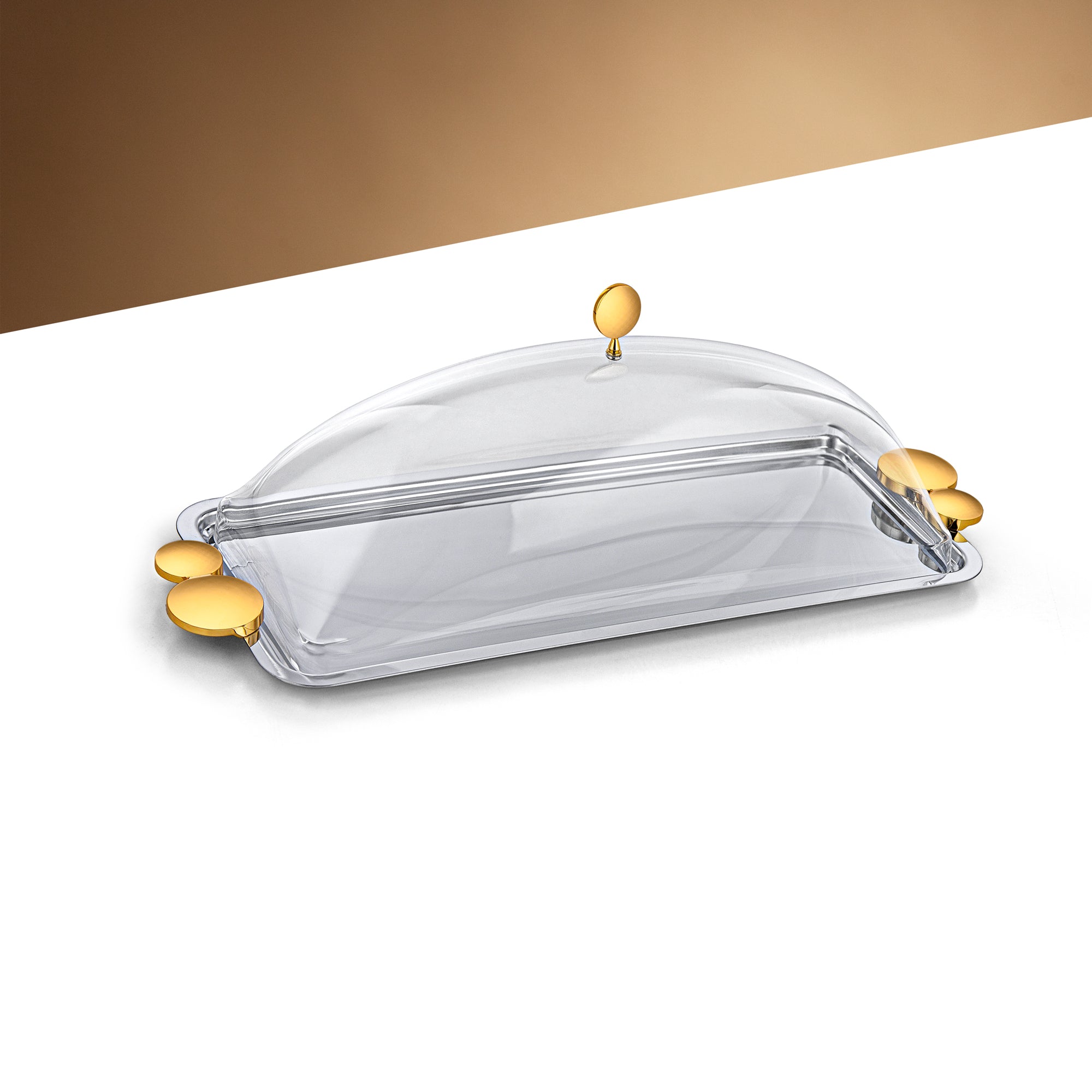 صينية تقديم المرجان 45 سم مع غطاء أكريليك فضي وذهبي لامع - HT2506031