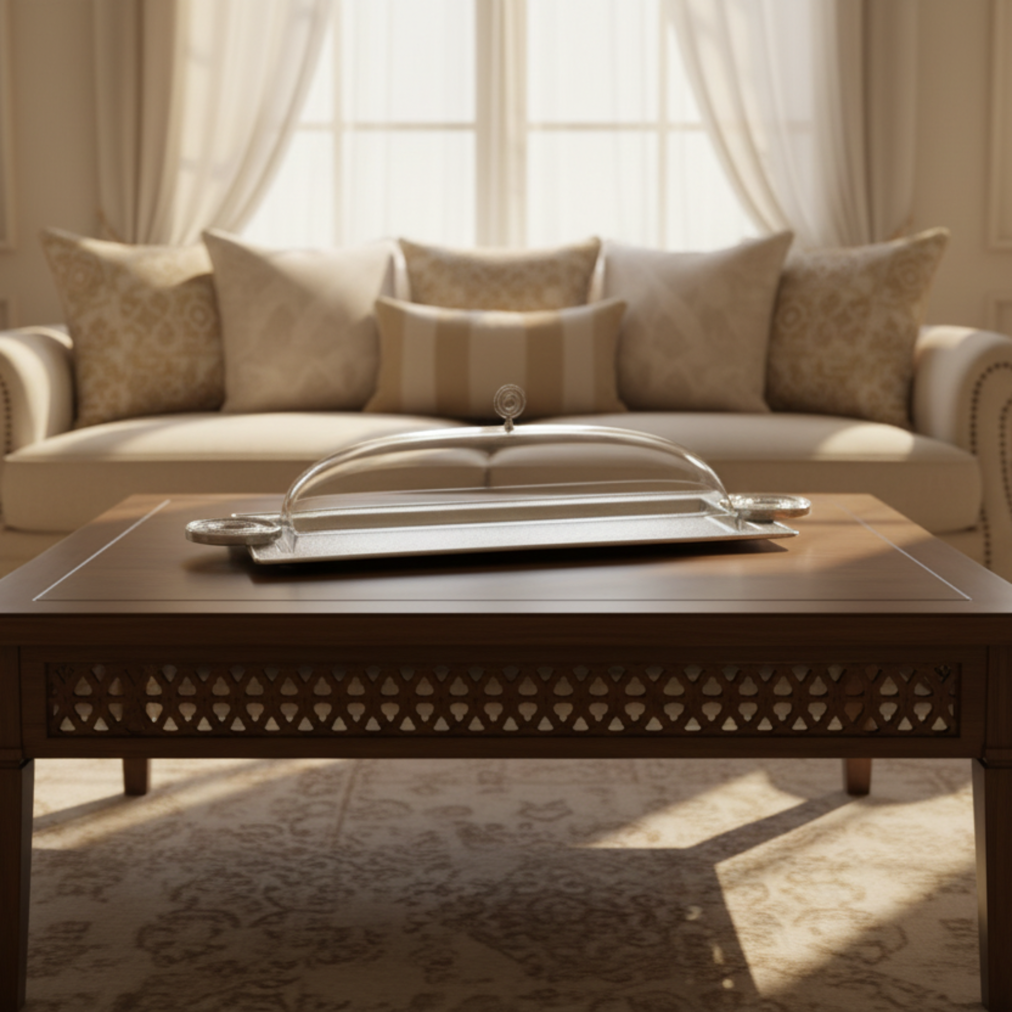 صينية تقديم المرجان مع غطاء 56 سم فضي بتصميم متشقق