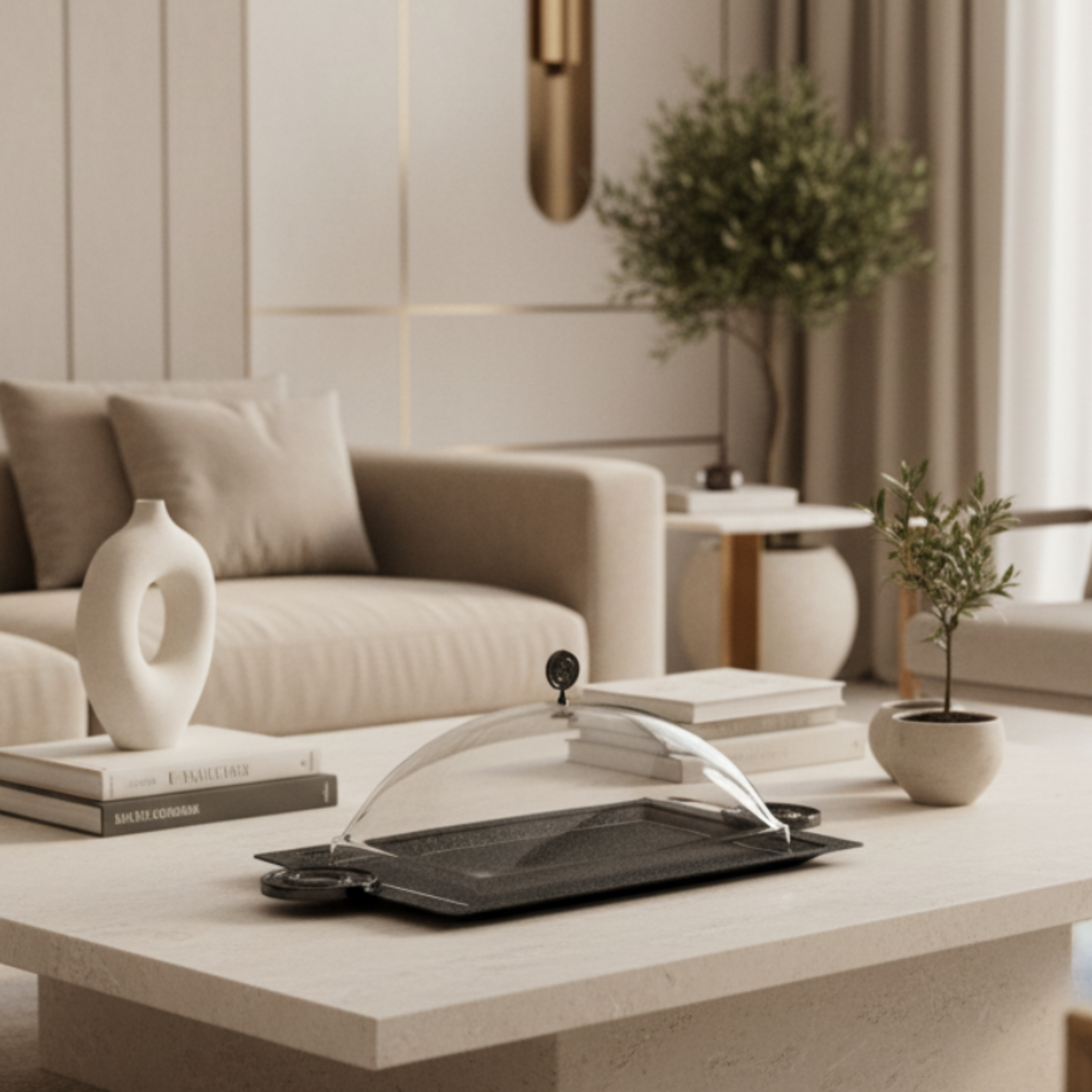 صينية تقديم المرجان مع غطاء 49 سم أسود بتصميم متشقق