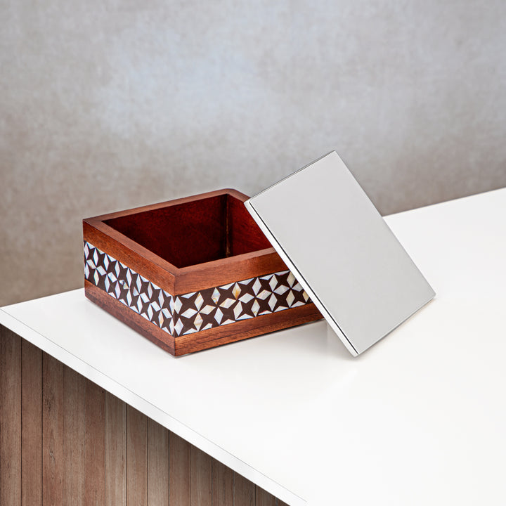 Almarjan 16 CM Square Storage Box Wood & Silver - MD-1815 B