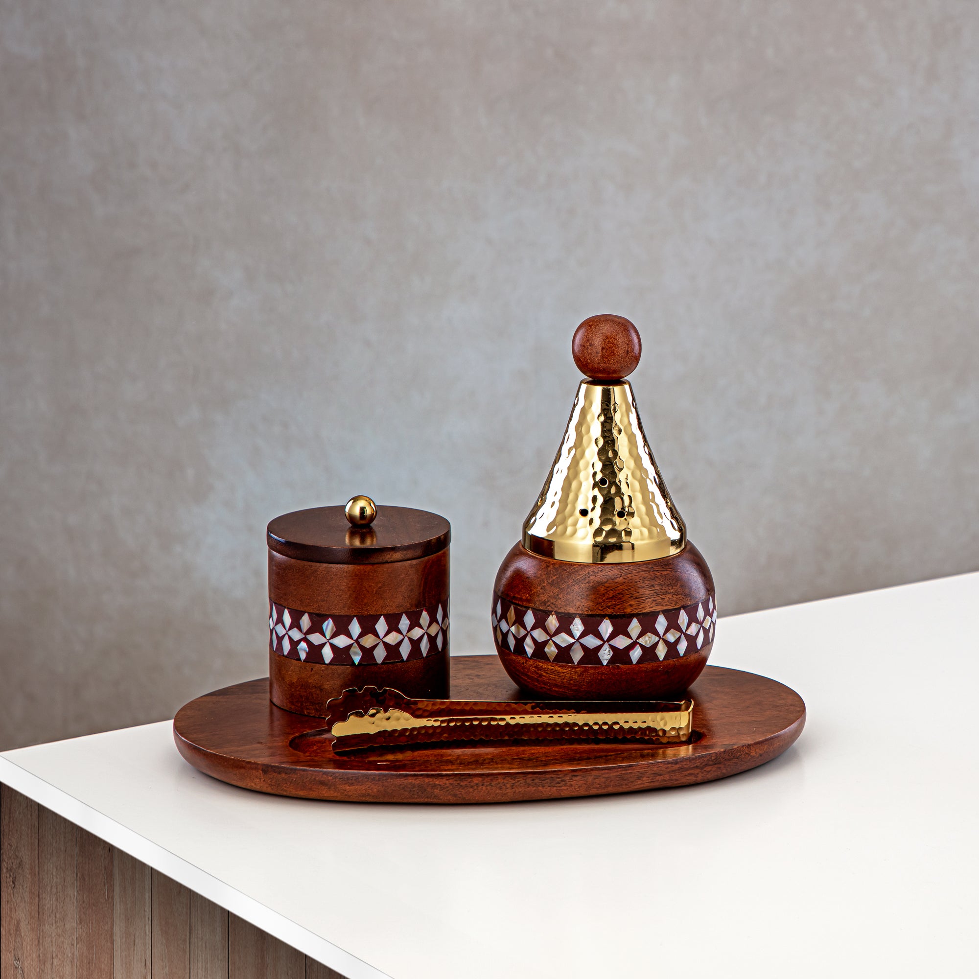 Almarjan 4 Pieces Incense Burner Set Wood & Gold - MD-268 B