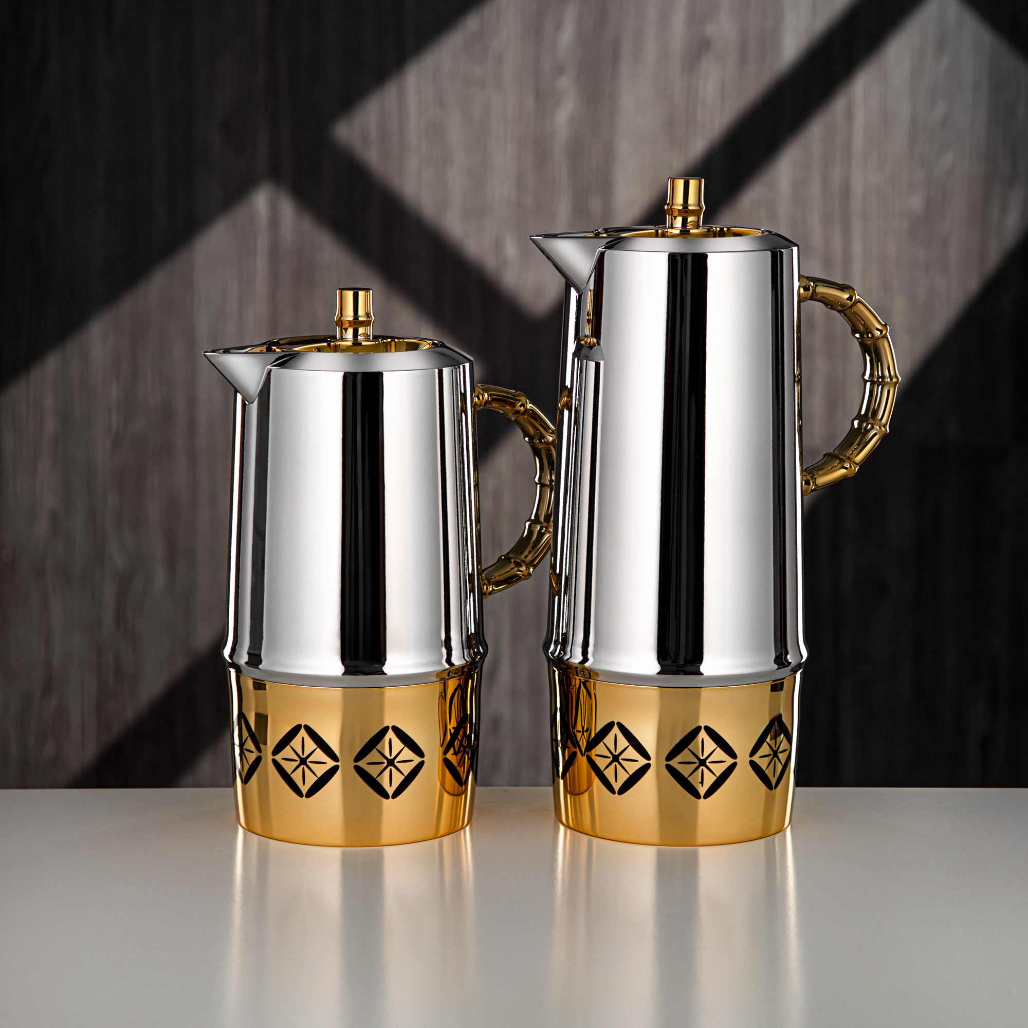 Almarjan Vacuum Flask Set, Push Button, ABS, 0.6L + 1L, Silver & Gold (SJ28SG) - Serving Tea & Coffee