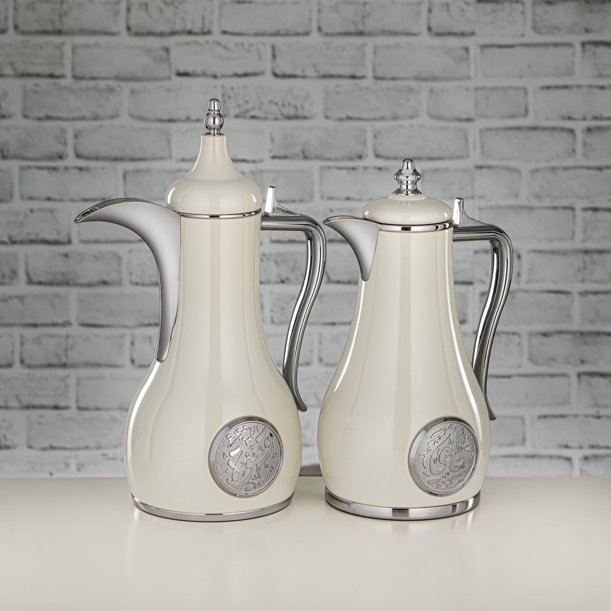 Almarjan Vacuum Flask Set, Push Button - 1L + 1L, Pearl White & Silver (SR-PWS) - Classic and Elegant