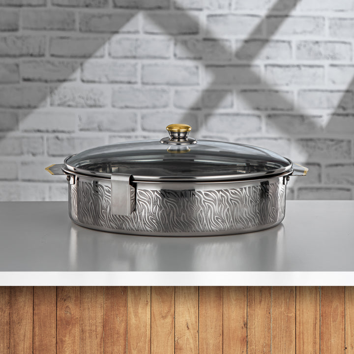 Almarjan 35 CM Mandi Collection Stainless Steel Hot Pot With Glass Cover Silver & Gold - H24PG1