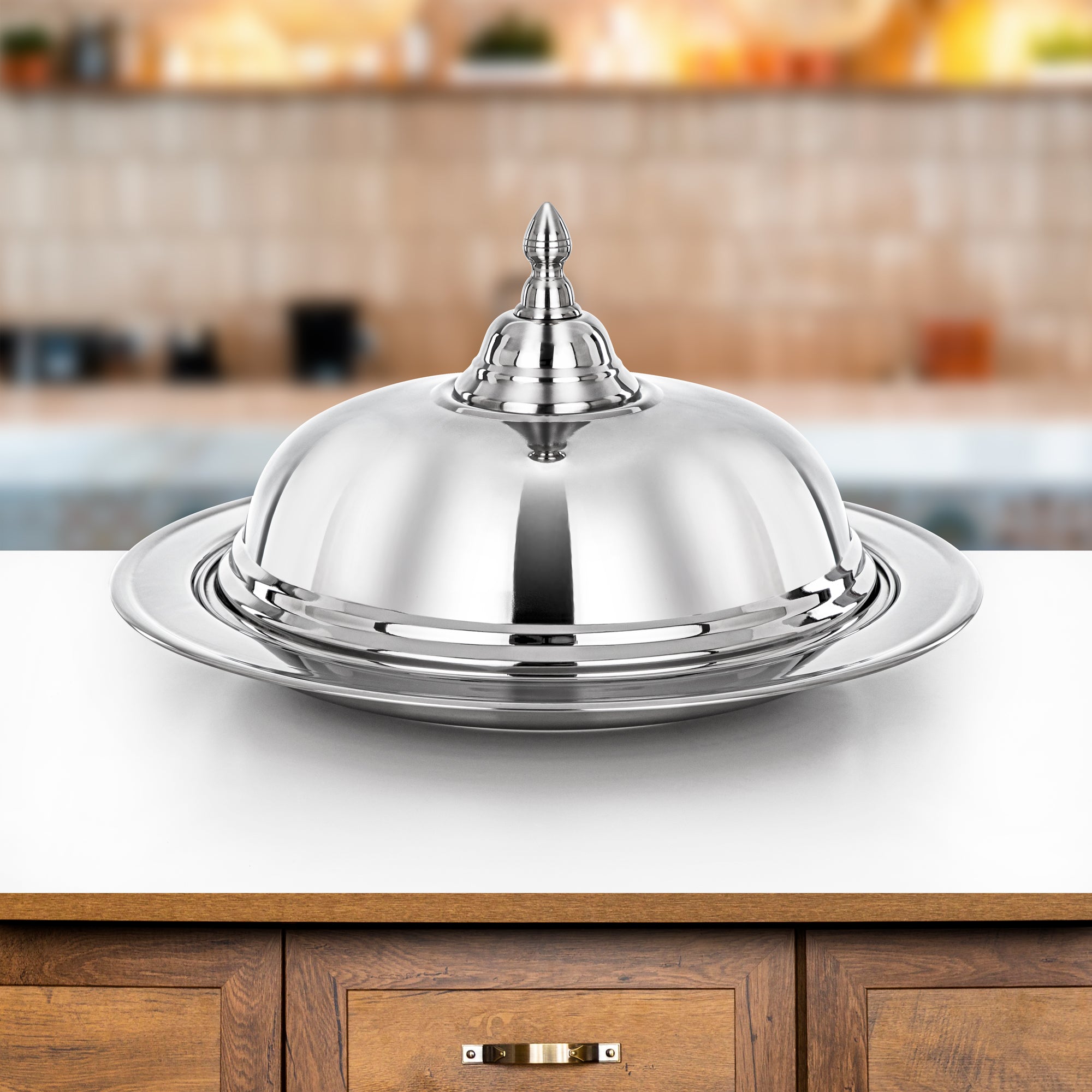 Almarjan Diwan Koozy Tray - 45CM Stainless Steel with Dome Cover, Mirror-Finish Serveware (H24P2)